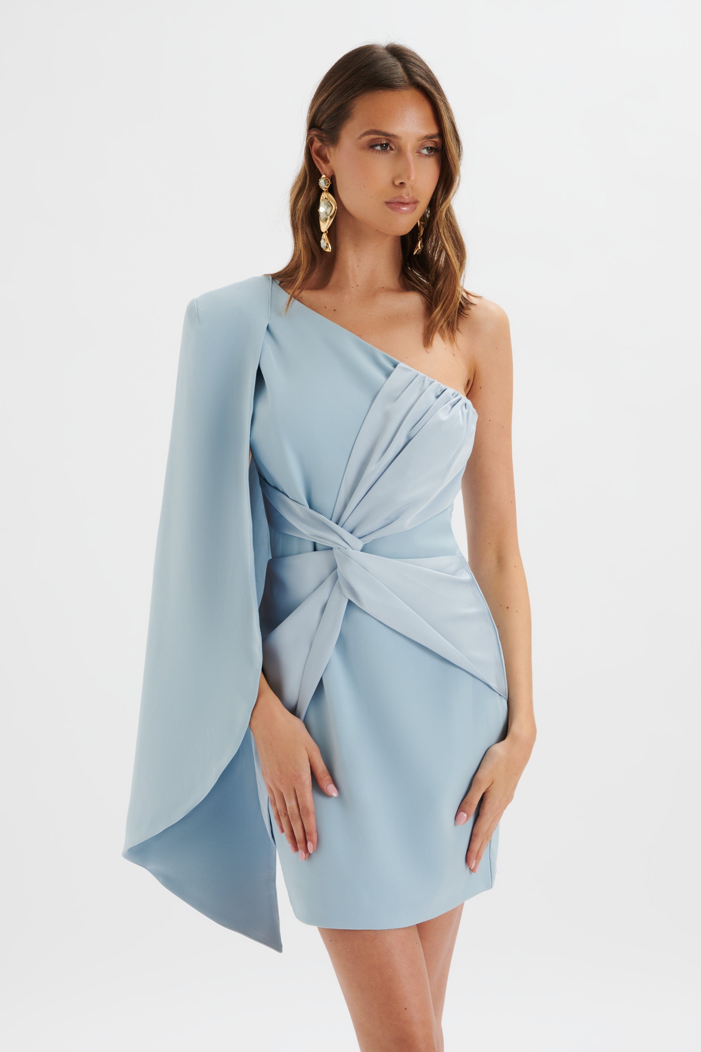 LAILA Twist Front One Shoulder Cape Mini Dress In Blue