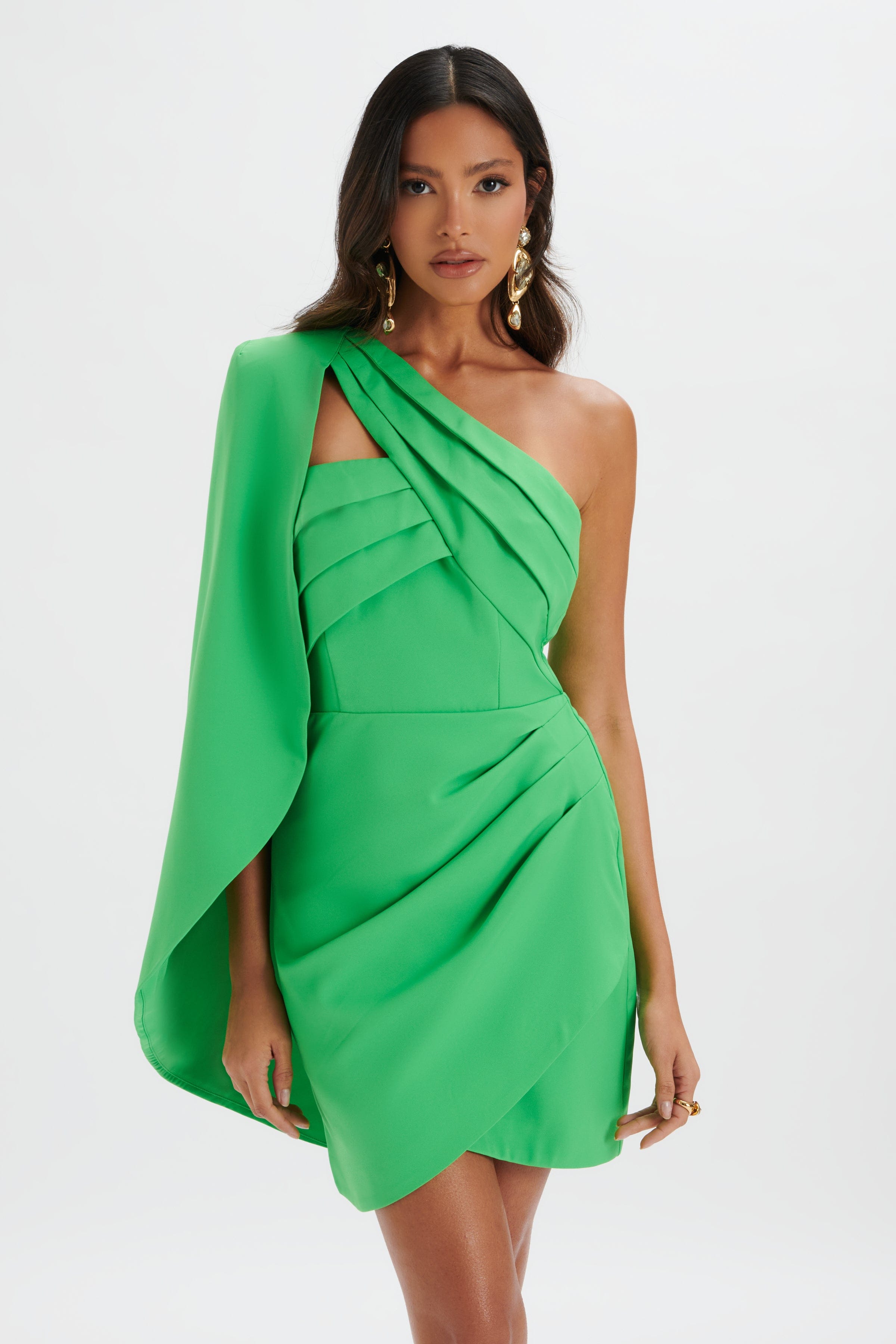 CHARLOTTE Pleated One Shoulder Cape Mini Dress In Green