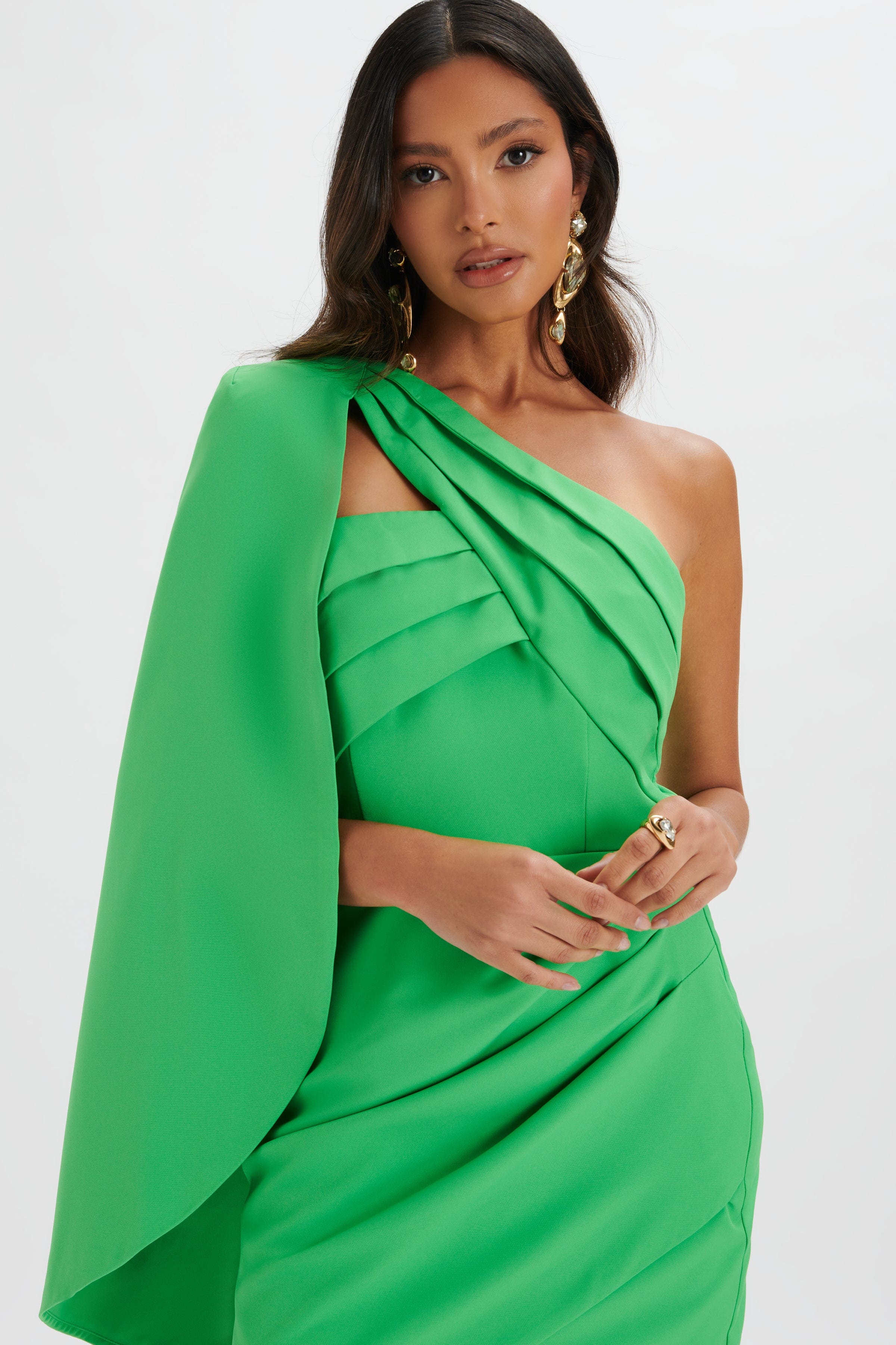 CHARLOTTE Pleated One Shoulder Cape Mini Dress In Green
