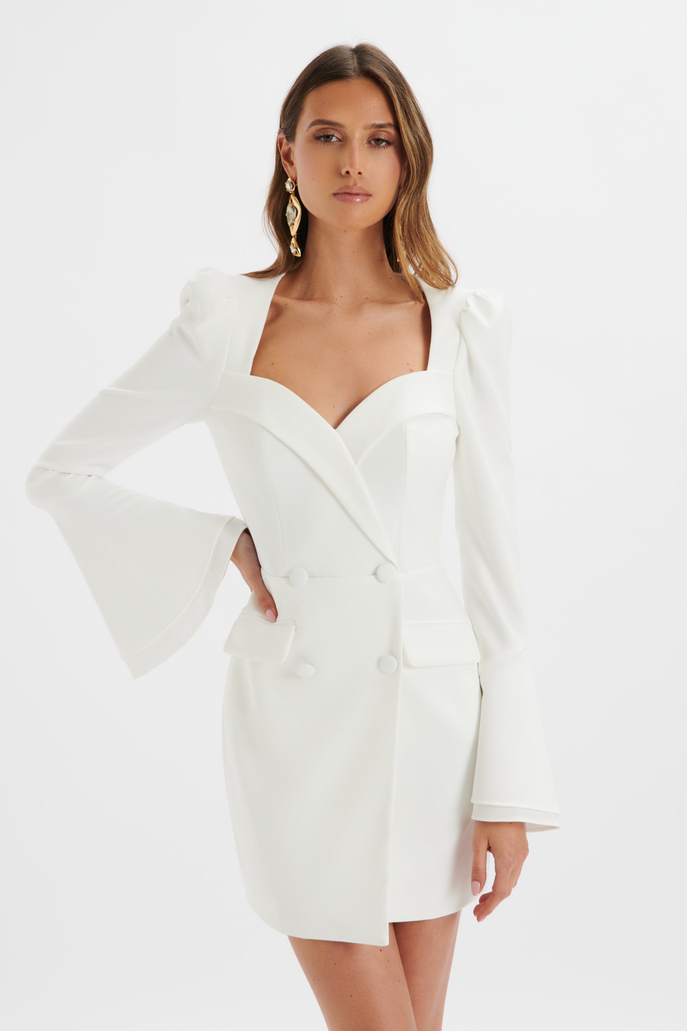 REBECCAH Flared Sleeve Blazer Mini Dress In White