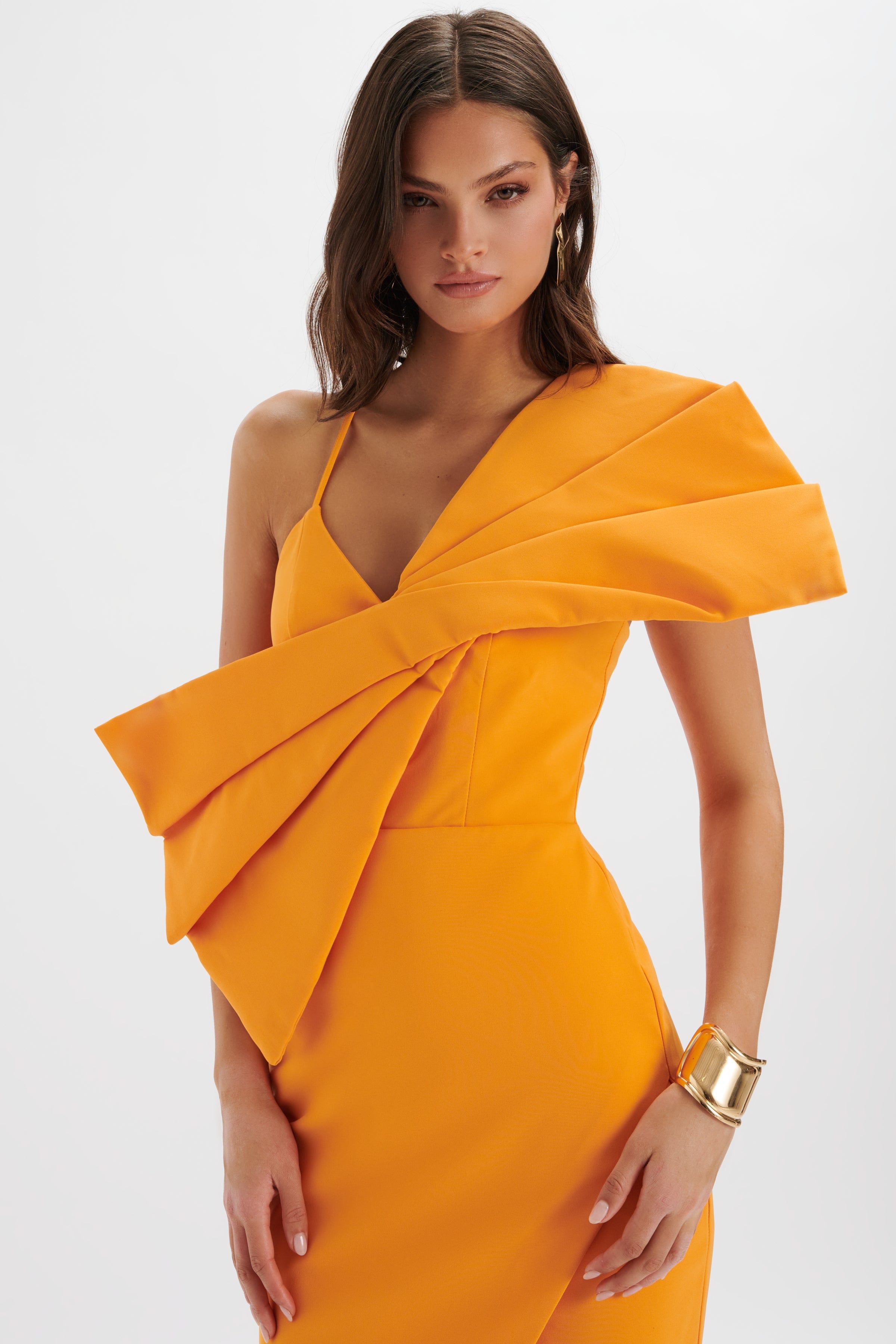 ESTHER Bow Detail Wrap Skirt Midi Dress In Orange