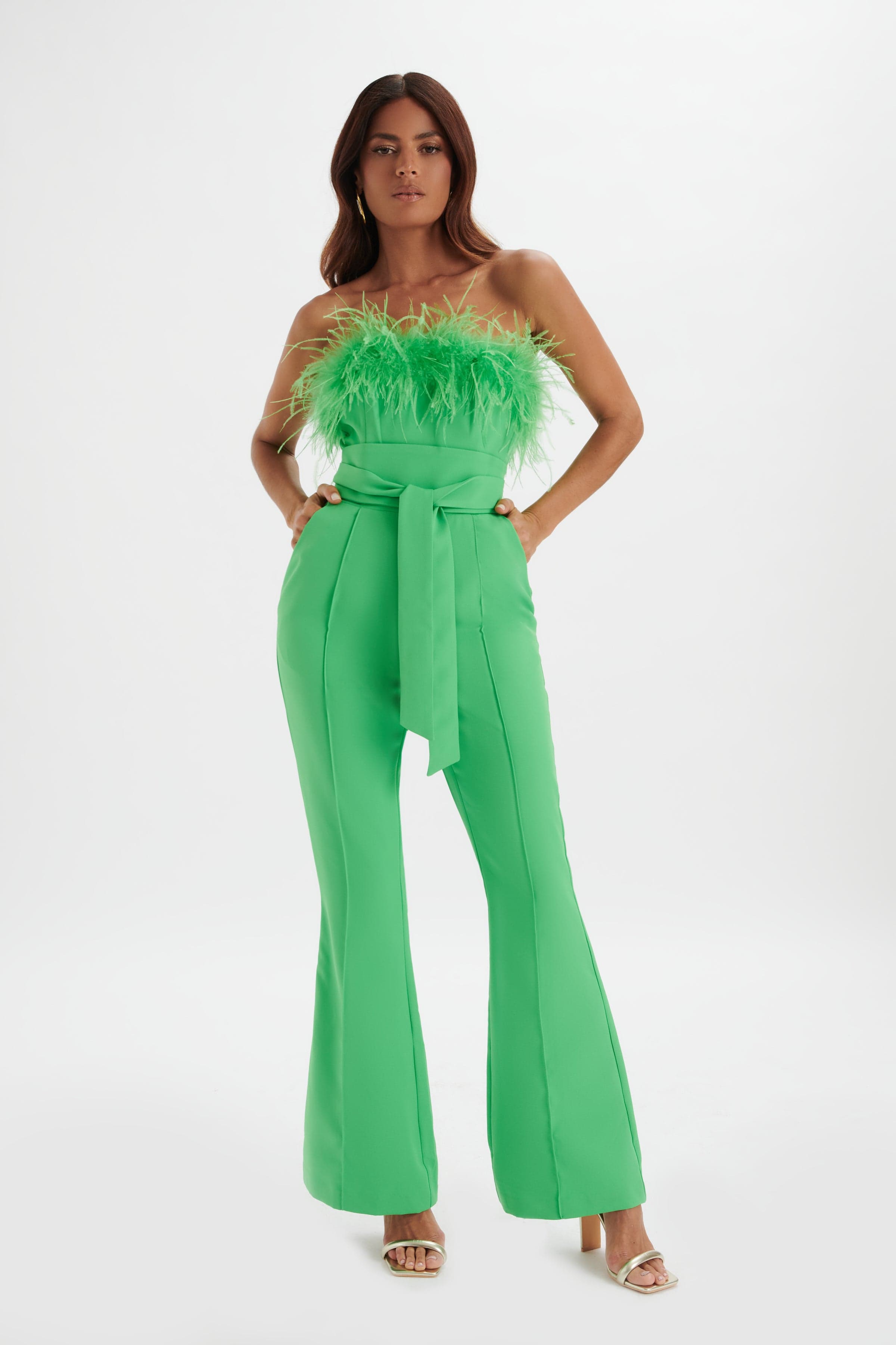 LUCINDA Feather Bandeau Fit And Flare Jumpsuit In Apple Green