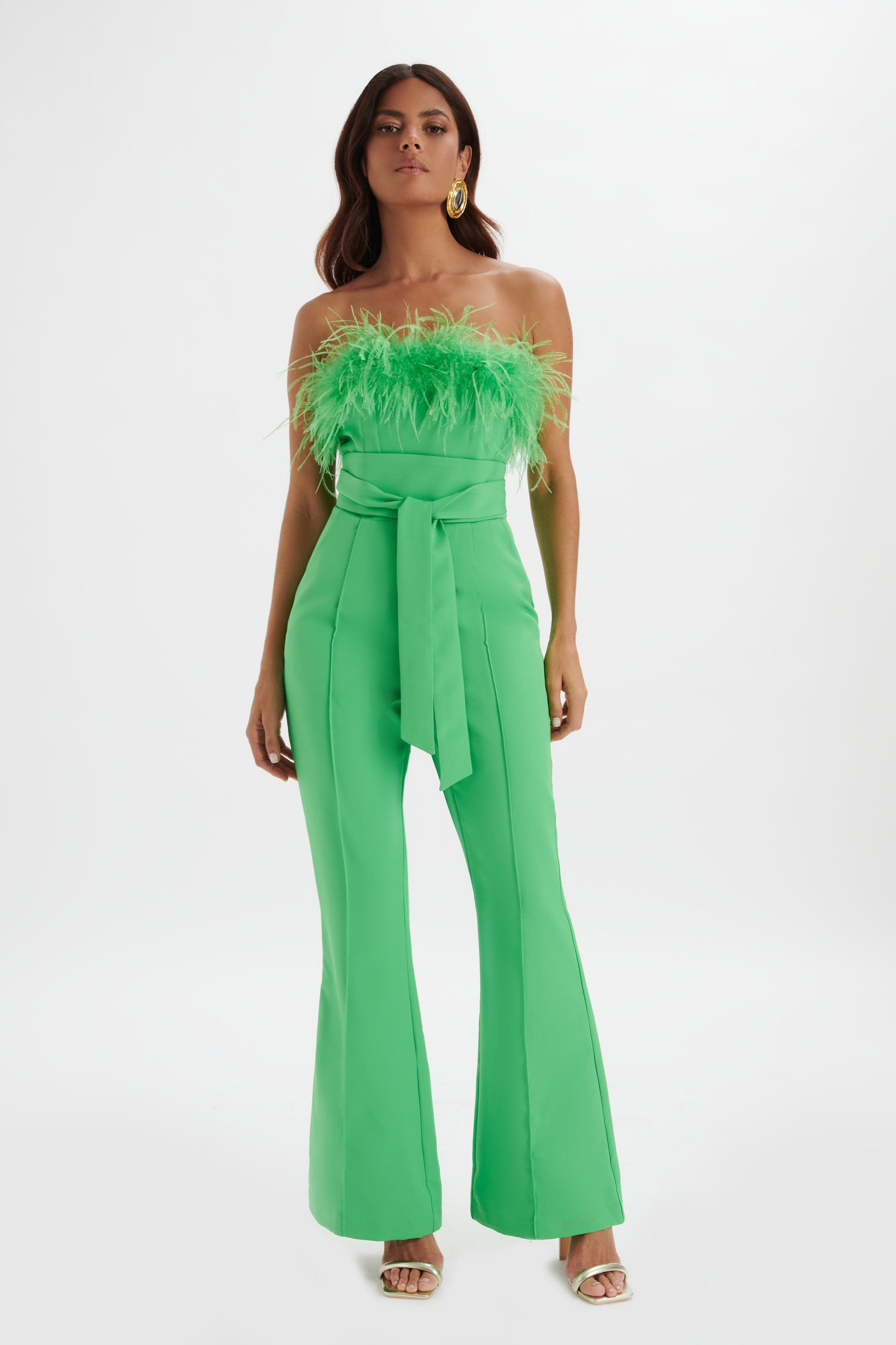 LUCINDA Feather Bandeau Fit And Flare Jumpsuit In Apple Green