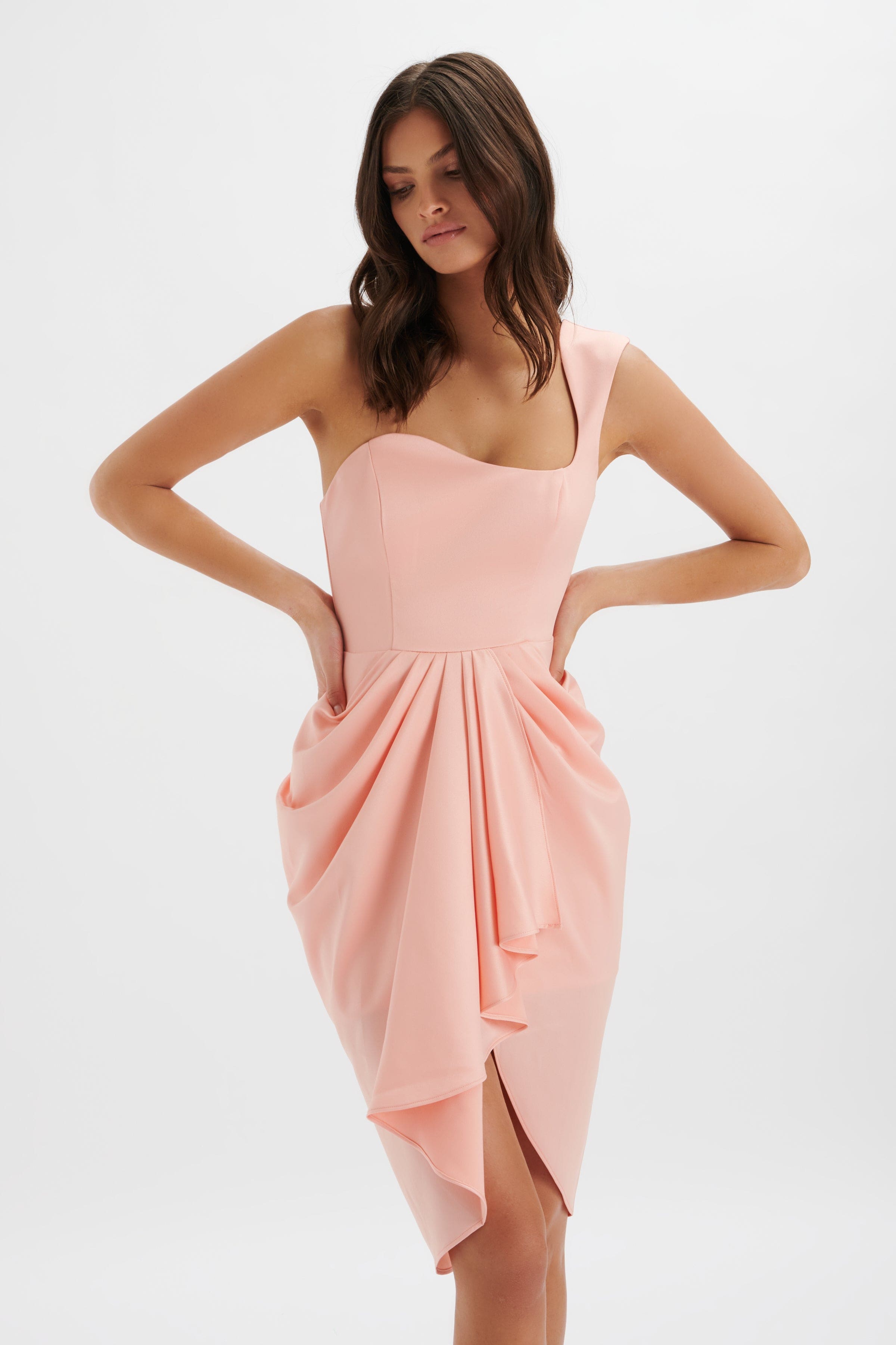 LUCIANA Curved One Shoulder Midi Dress In Coral Satin