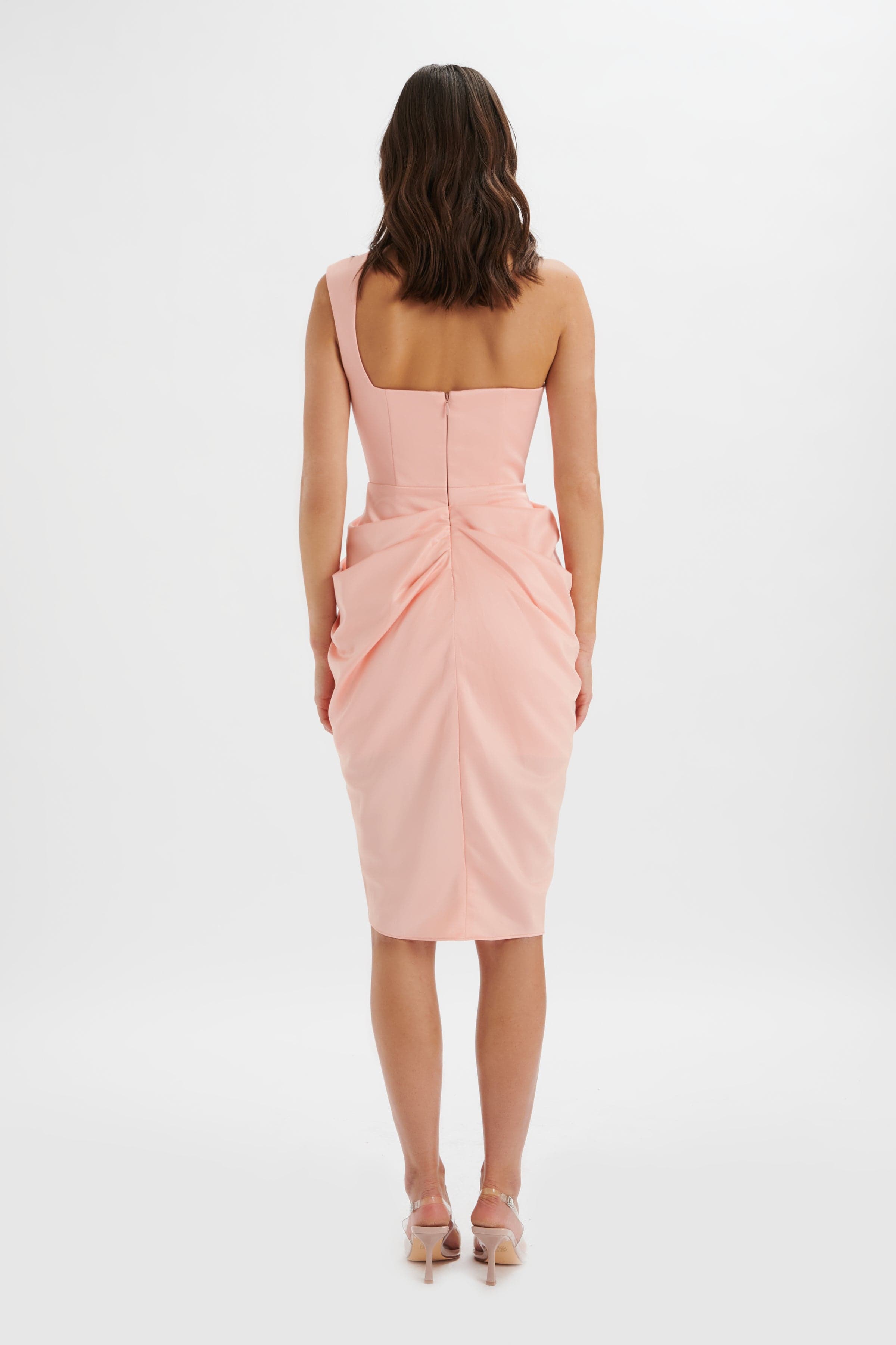LUCIANA Curved One Shoulder Midi Dress In Coral Satin