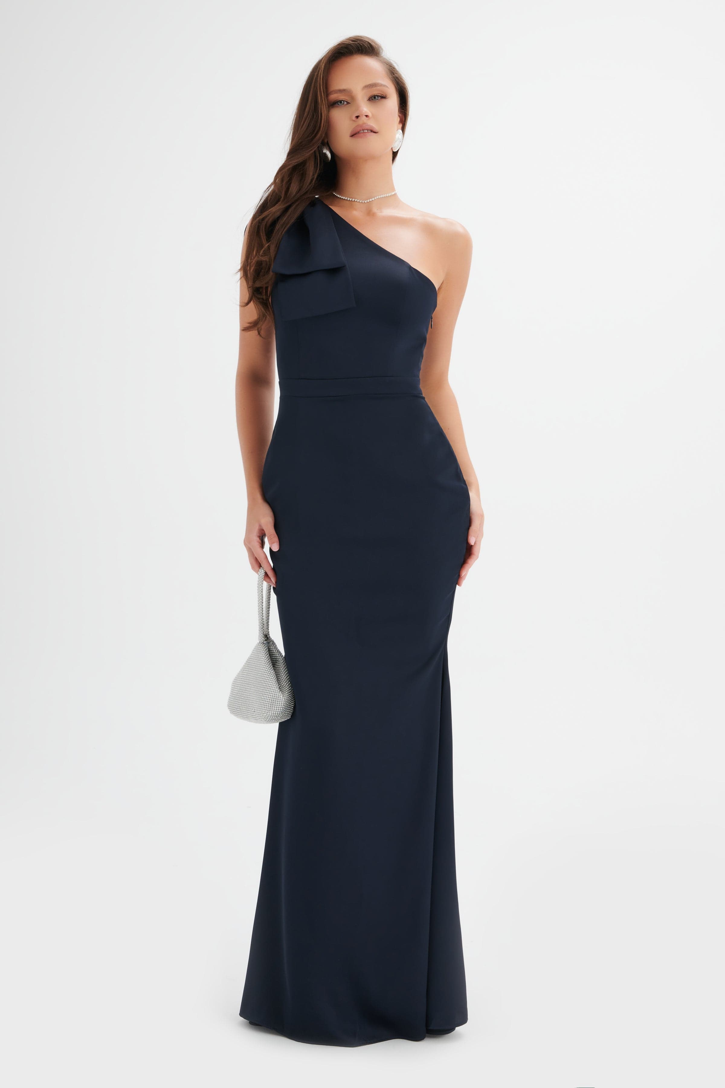 ALESSANDRA Satin Bow Shoulder Maxi Dress in Midnight Blue