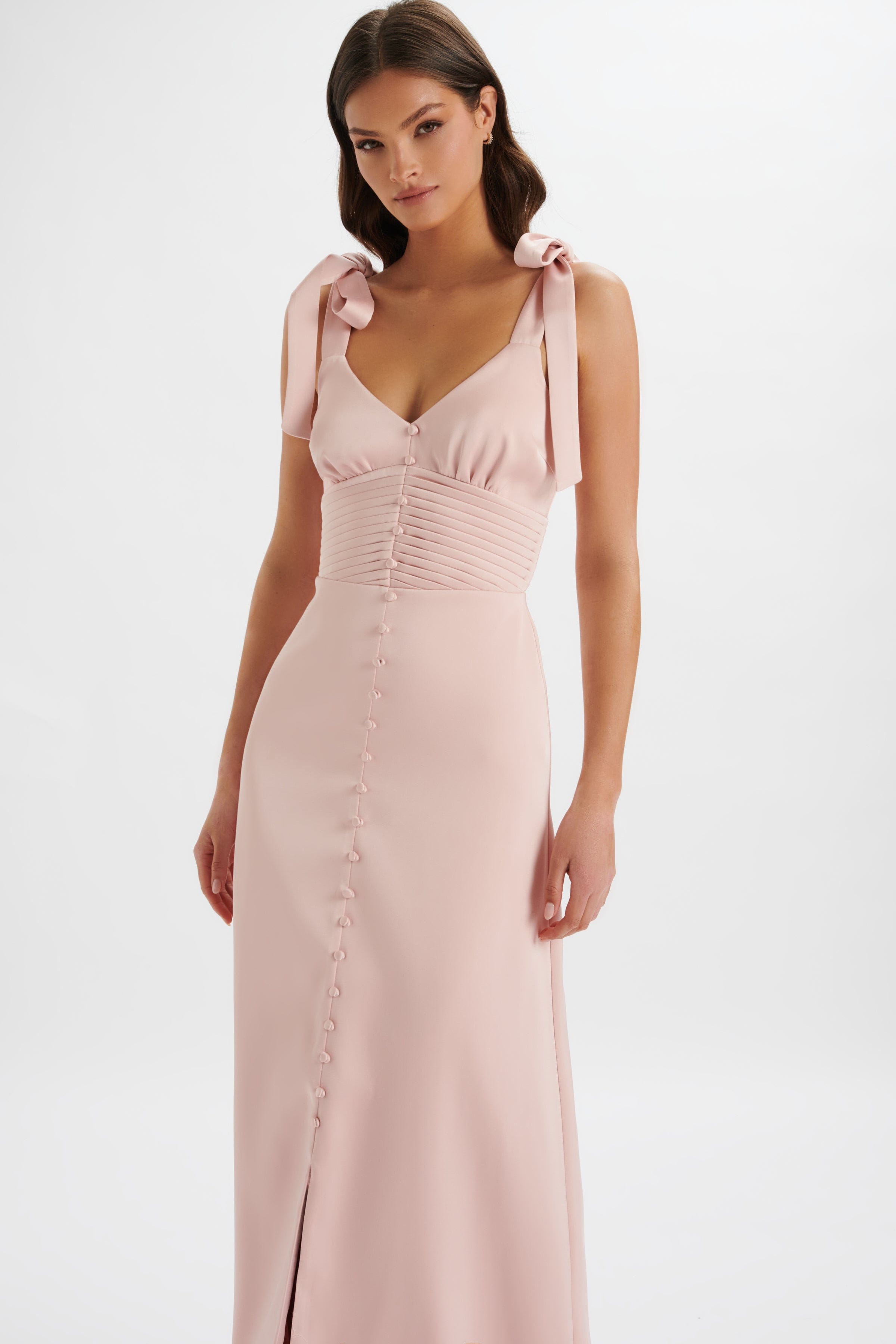 REVE Satin Tie Shoulder Maxi Dress in Pink