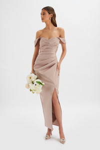 KAITLIN Bonded Satin Off Shoulder Maxi Dress In Mink