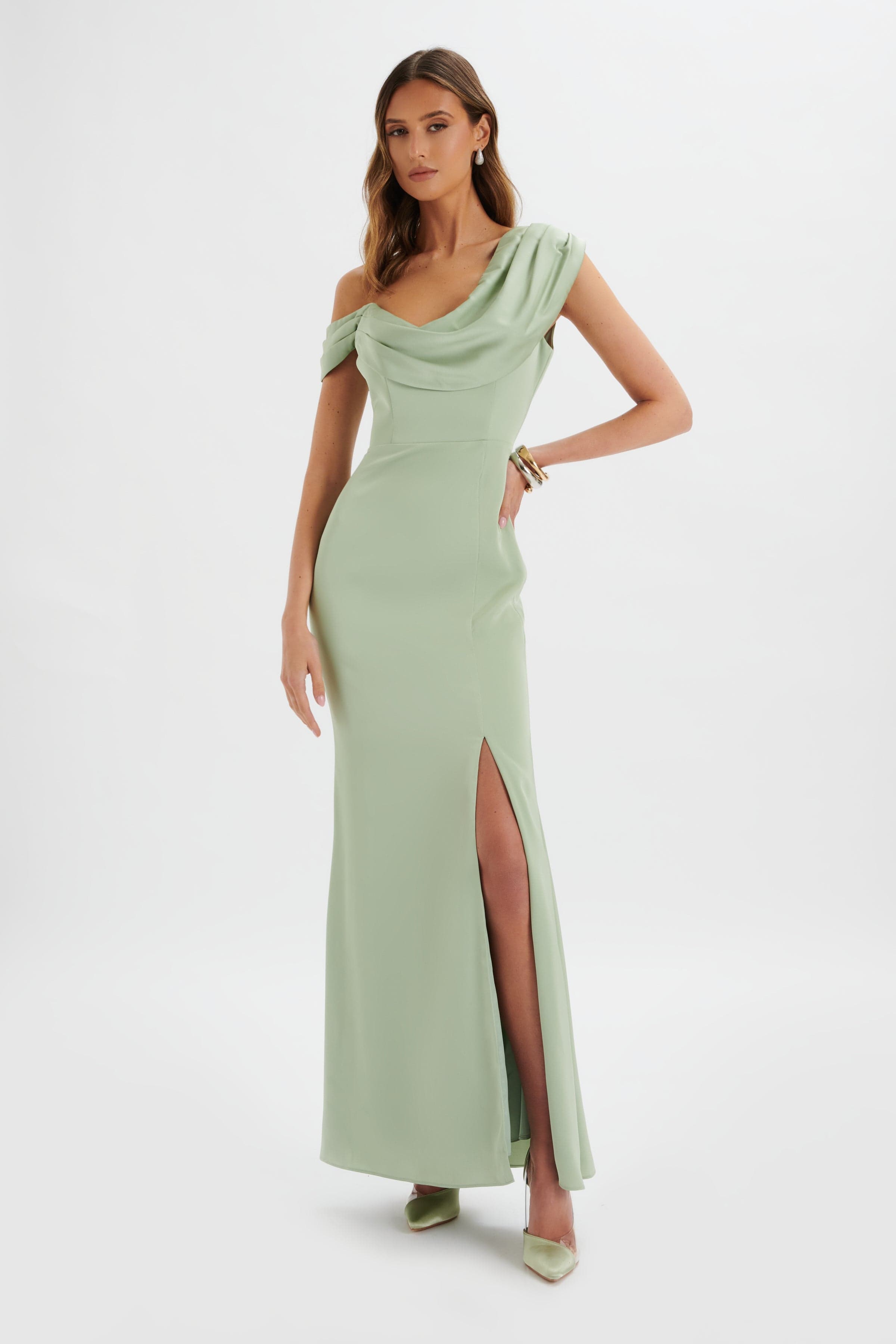 ANNABELLA Satin Asymmetric Drape Maxi Dress In Sage Green