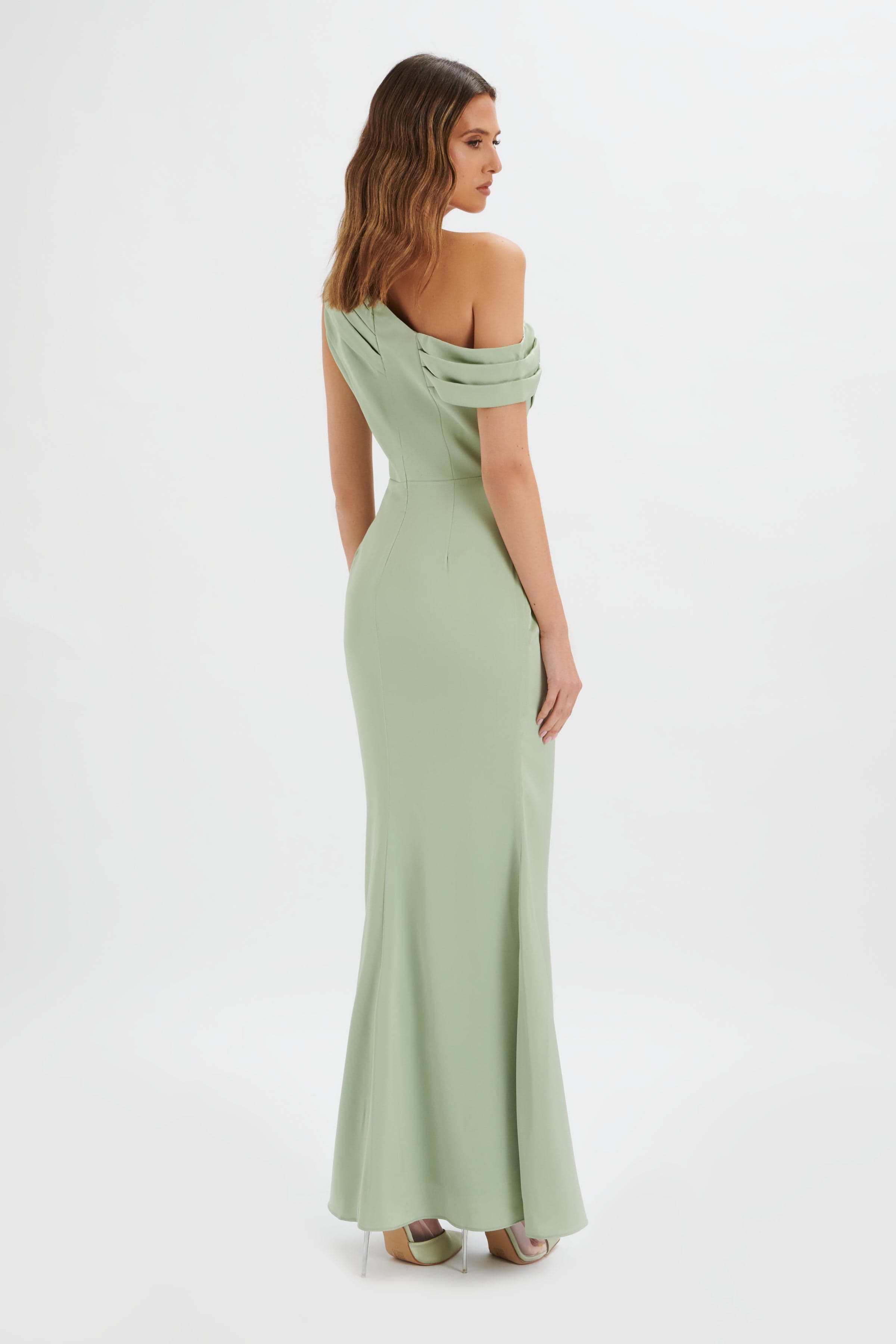 ANNABELLA Satin Asymmetric Drape Maxi Dress In Sage Green