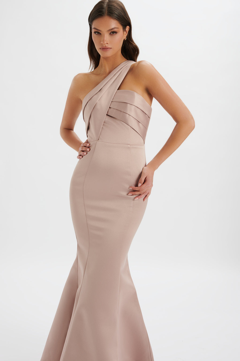 SHAILENE Bonded Satin Asymmetric Maxi Dress In Mink SHAILENE Bonded Satin Asymmetric Maxi Dress In Mink