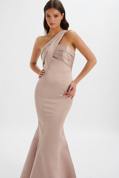 SHAILENE Bonded Satin Asymmetric Maxi Dress In Mink