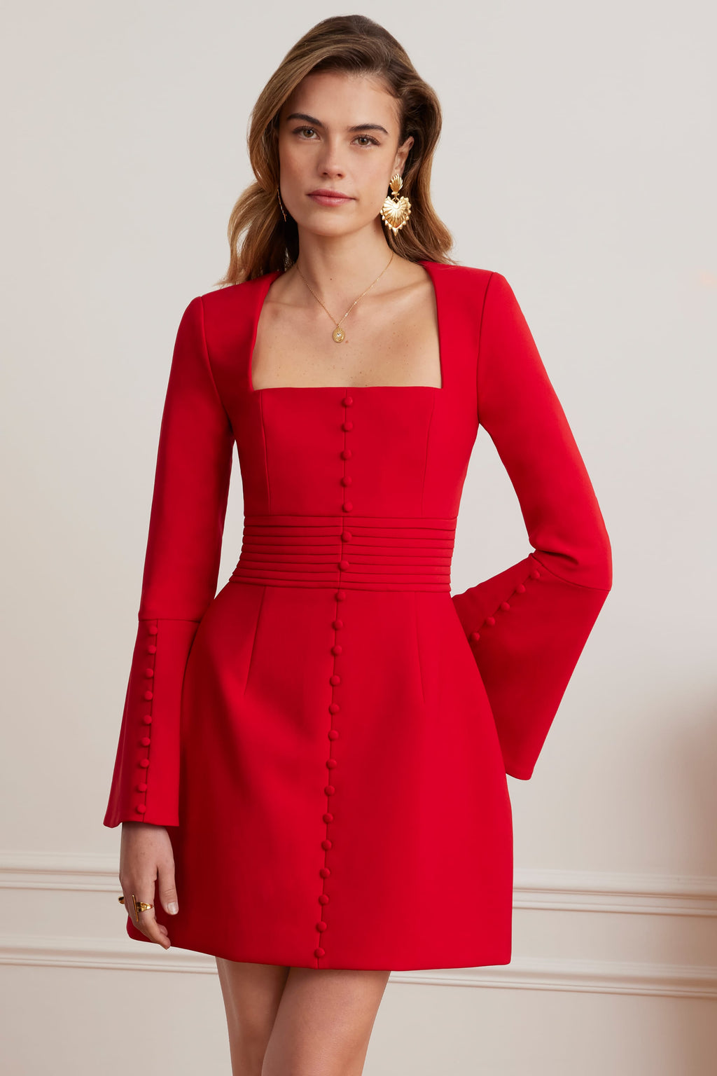 ROMY Square Neck Fluted Sleeve Mini Dress