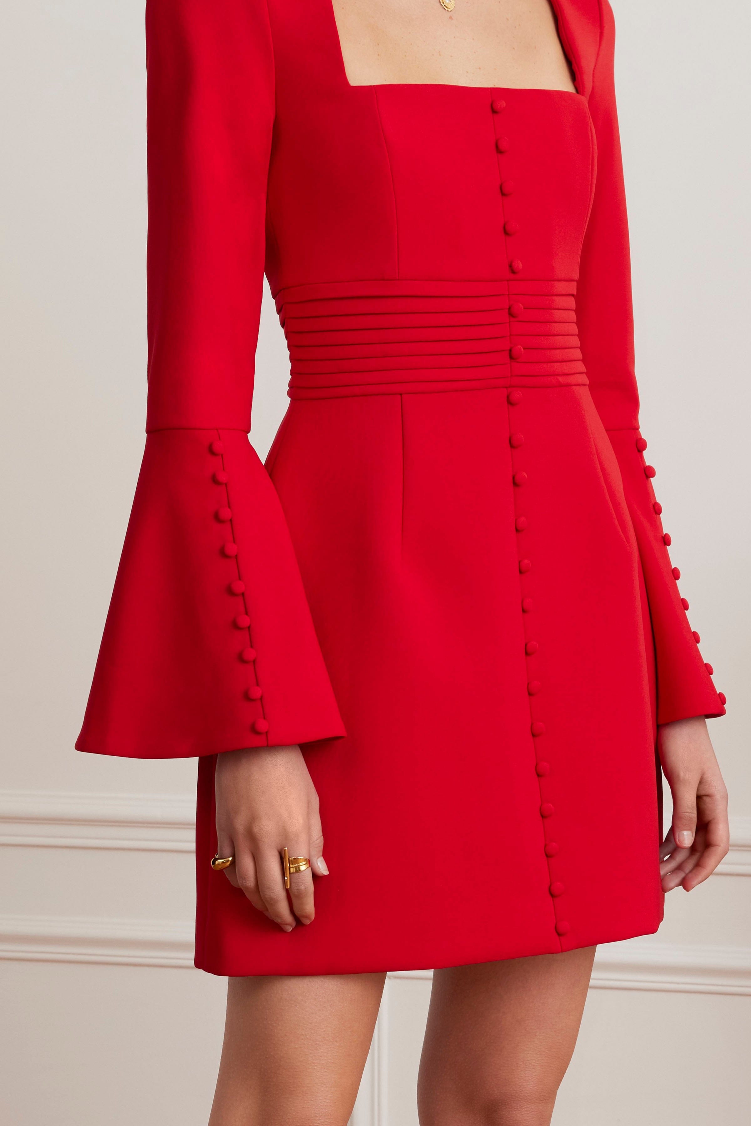 ROMY Square Neck Fluted Sleeve Mini Dress in Red