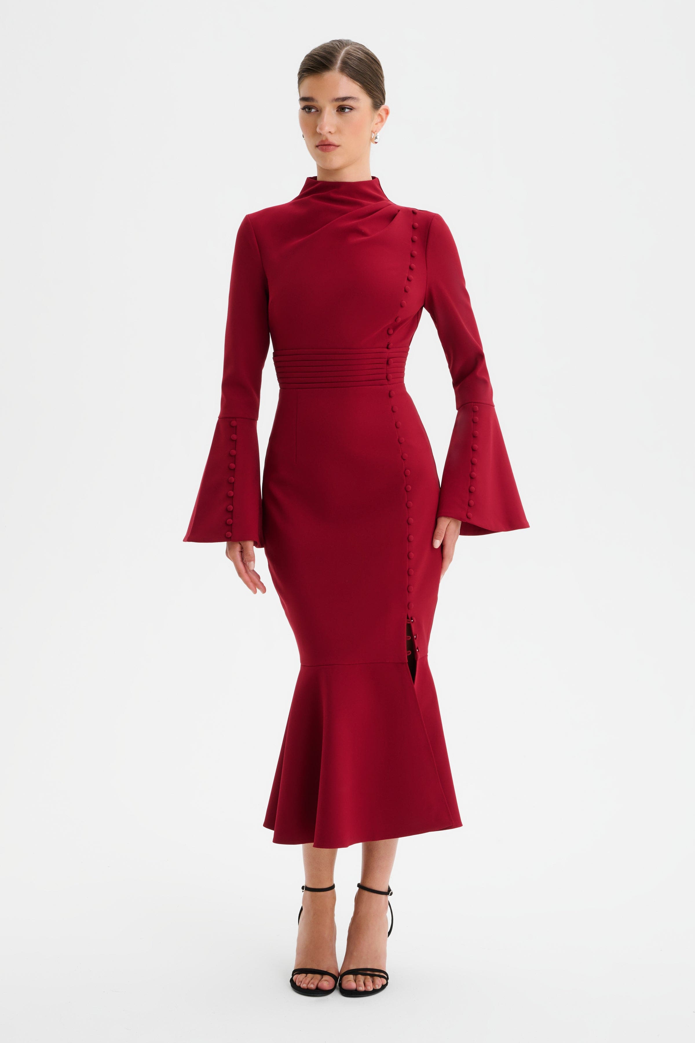 AUBREY High Neck Fluted Sleeve Micro Button Midi Dress in Burgundy