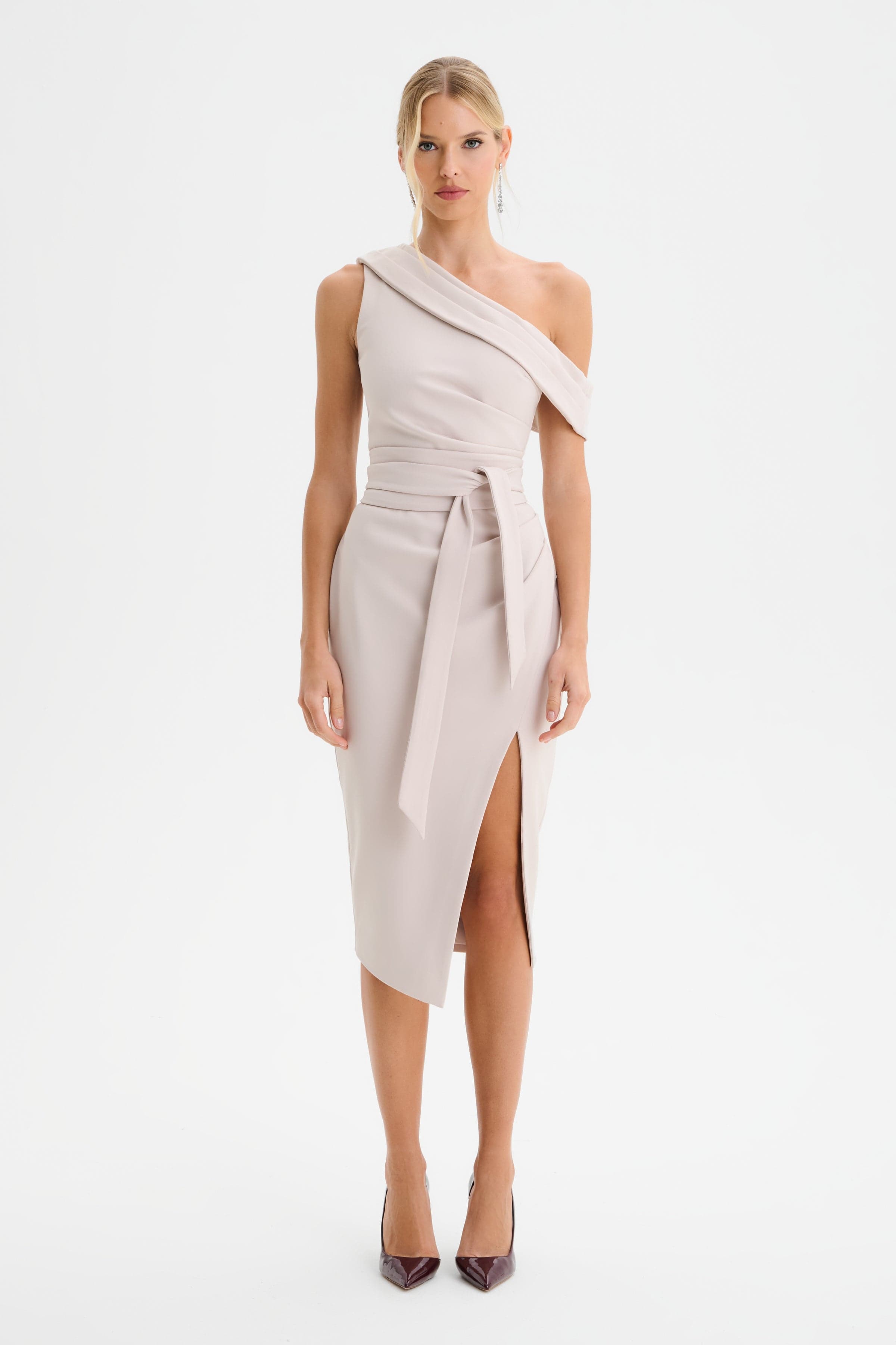 JESSICA Off Shoulder Pleated Obi Belted Midi Dress in Champagne
