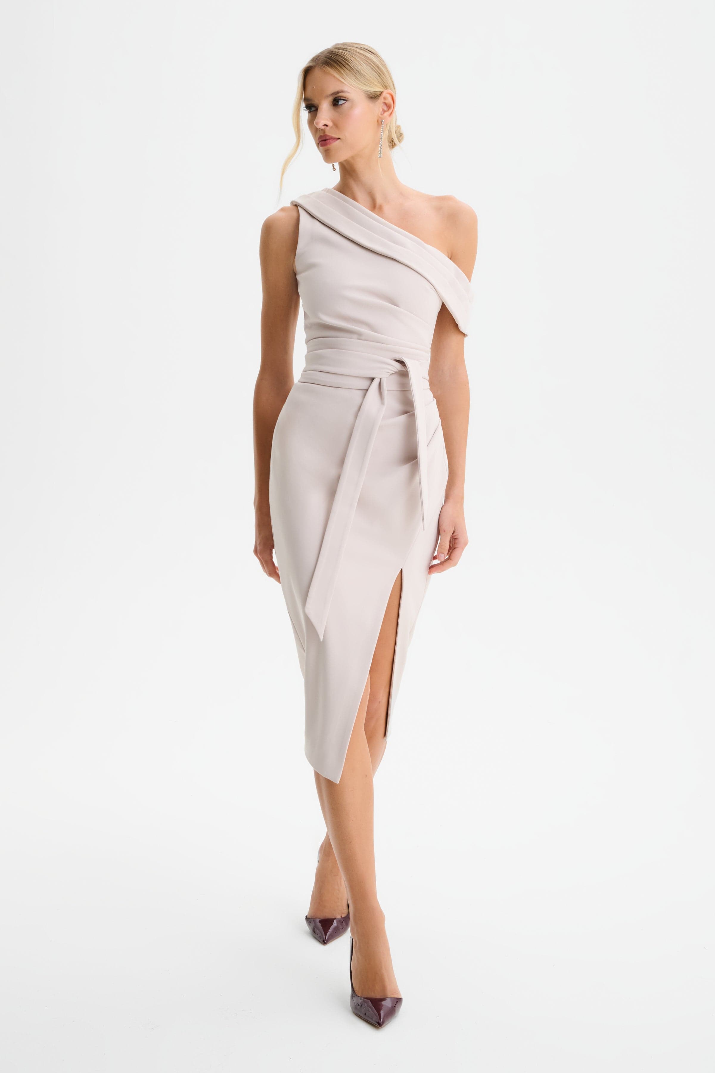 JESSICA Off Shoulder Pleated Obi Belted Midi Dress in Champagne