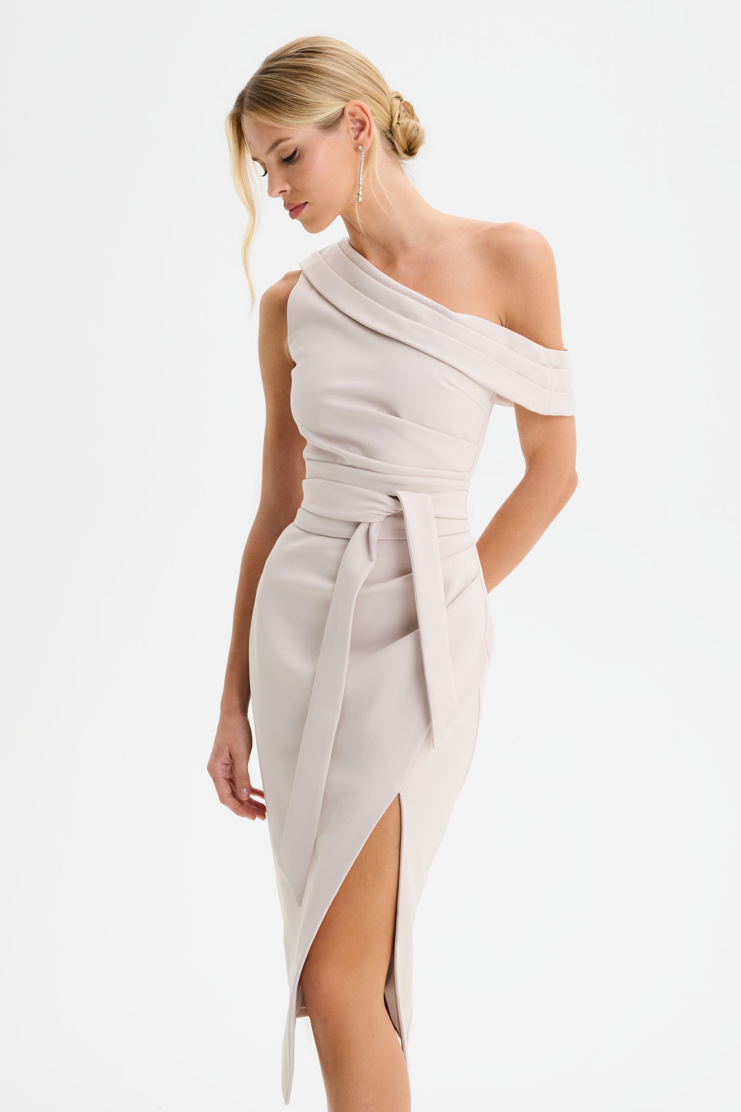 JESSICA Off Shoulder Pleated Obi Belted Midi Dress in Champagne