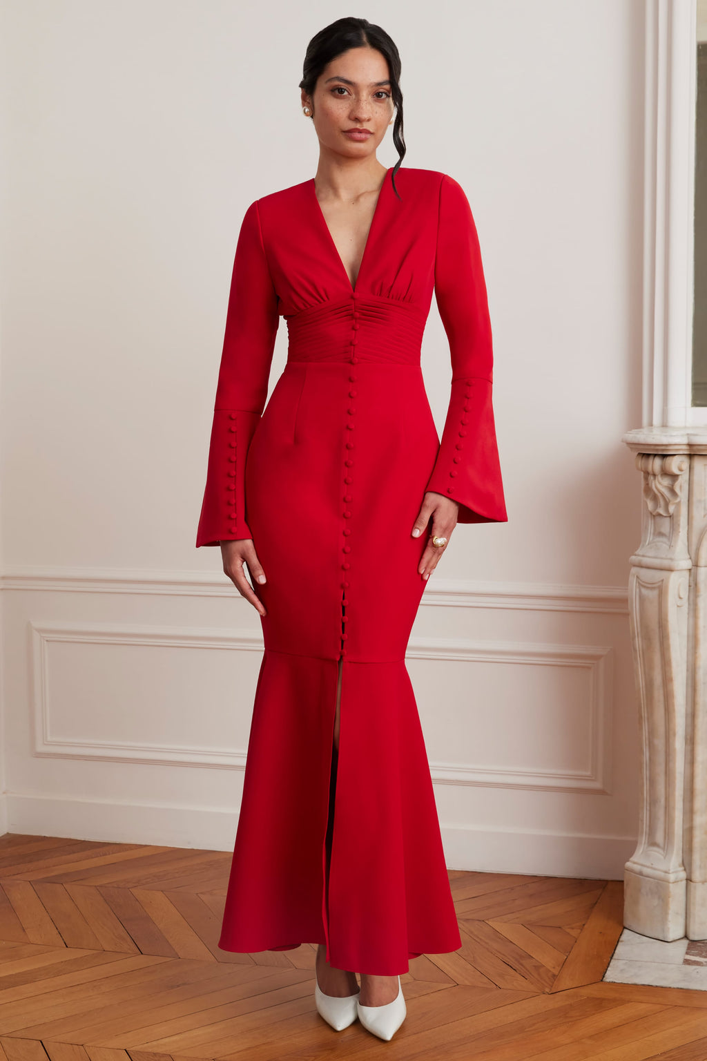 JOSIE Fluted Sleeve Fishtail Maxi Dress