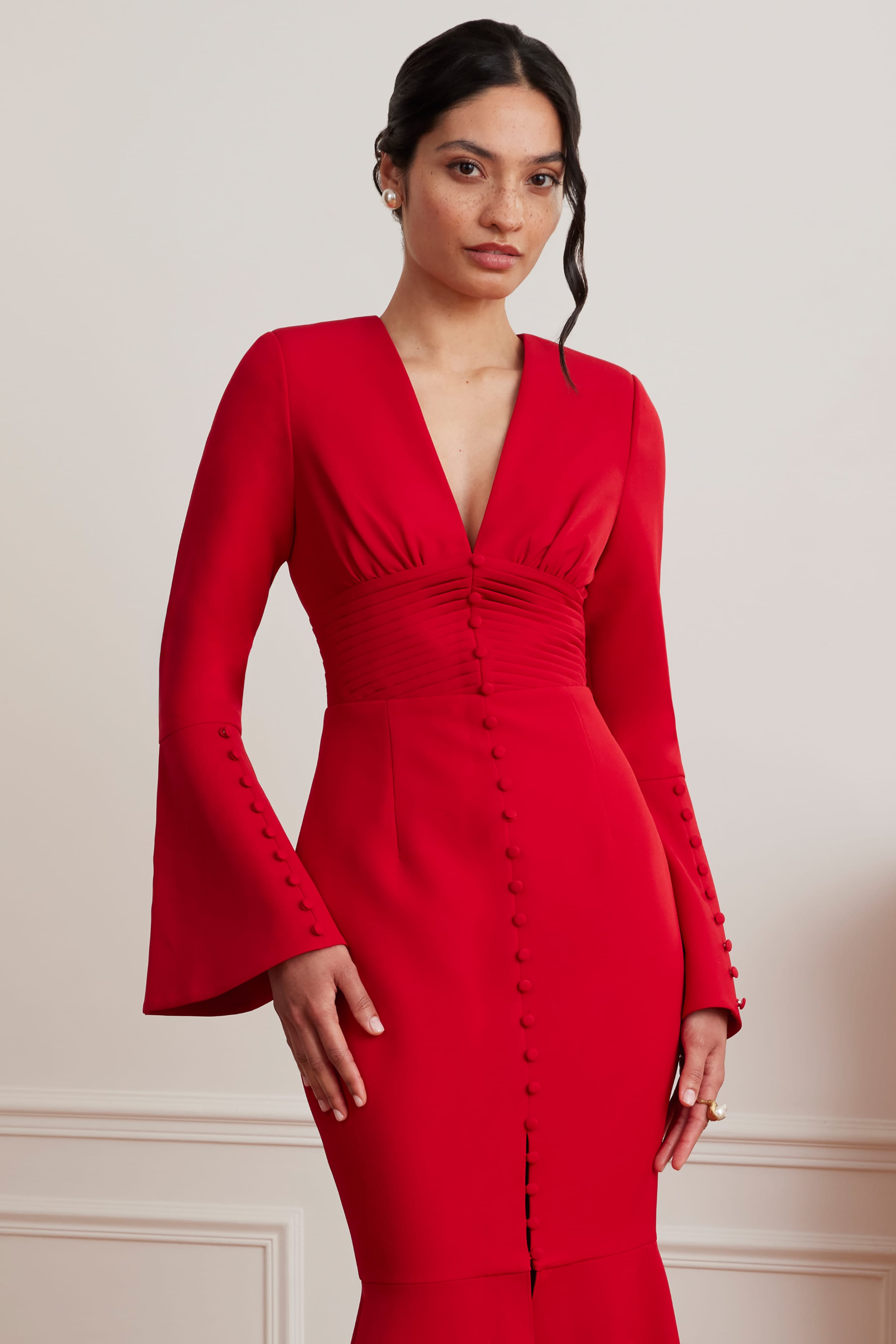 JOSIE Fluted Sleeve Fishtail Maxi Dress in Red