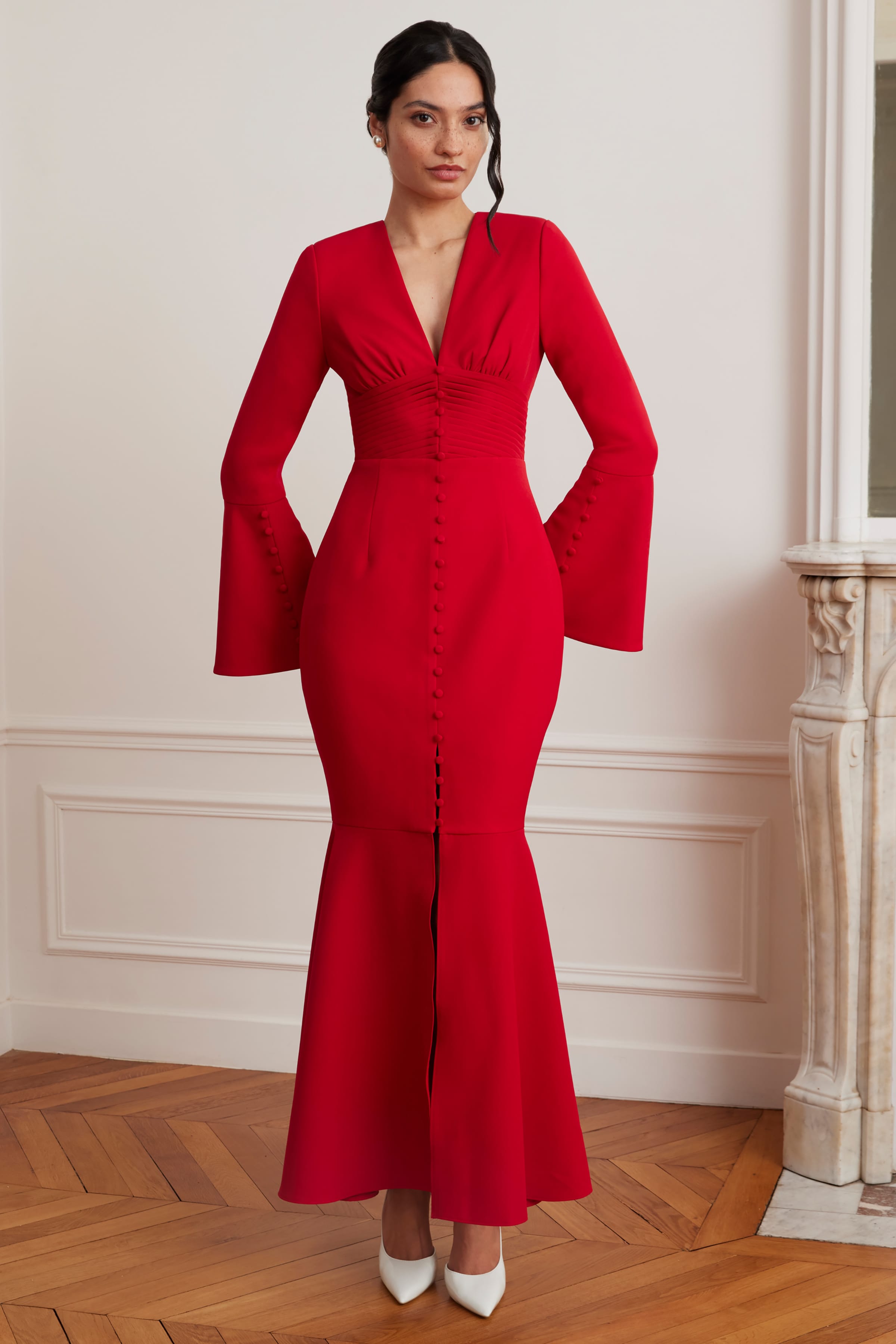 JOSIE Fluted Sleeve Fishtail Maxi Dress in Red