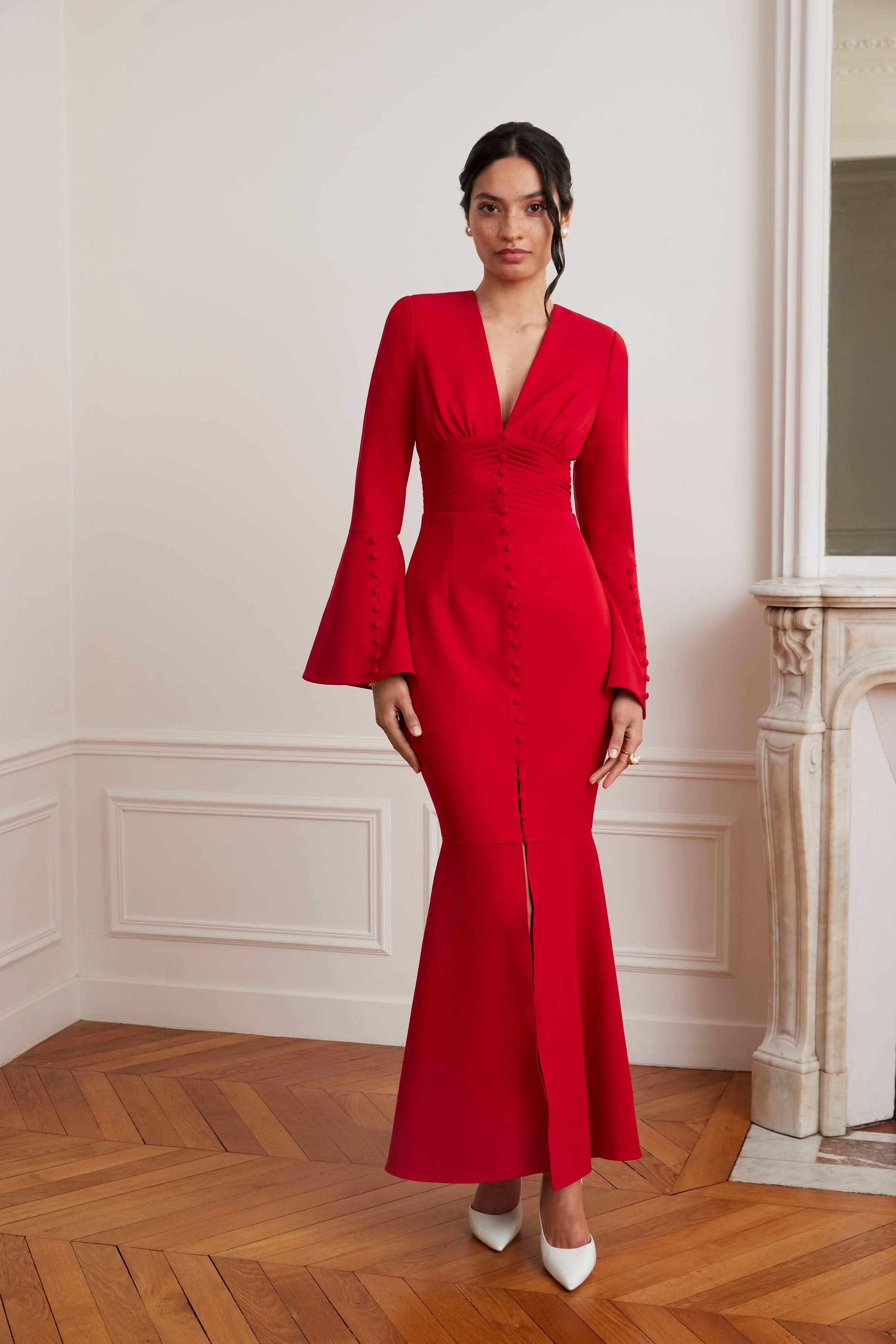 JOSIE Fluted Sleeve Fishtail Maxi Dress in Red