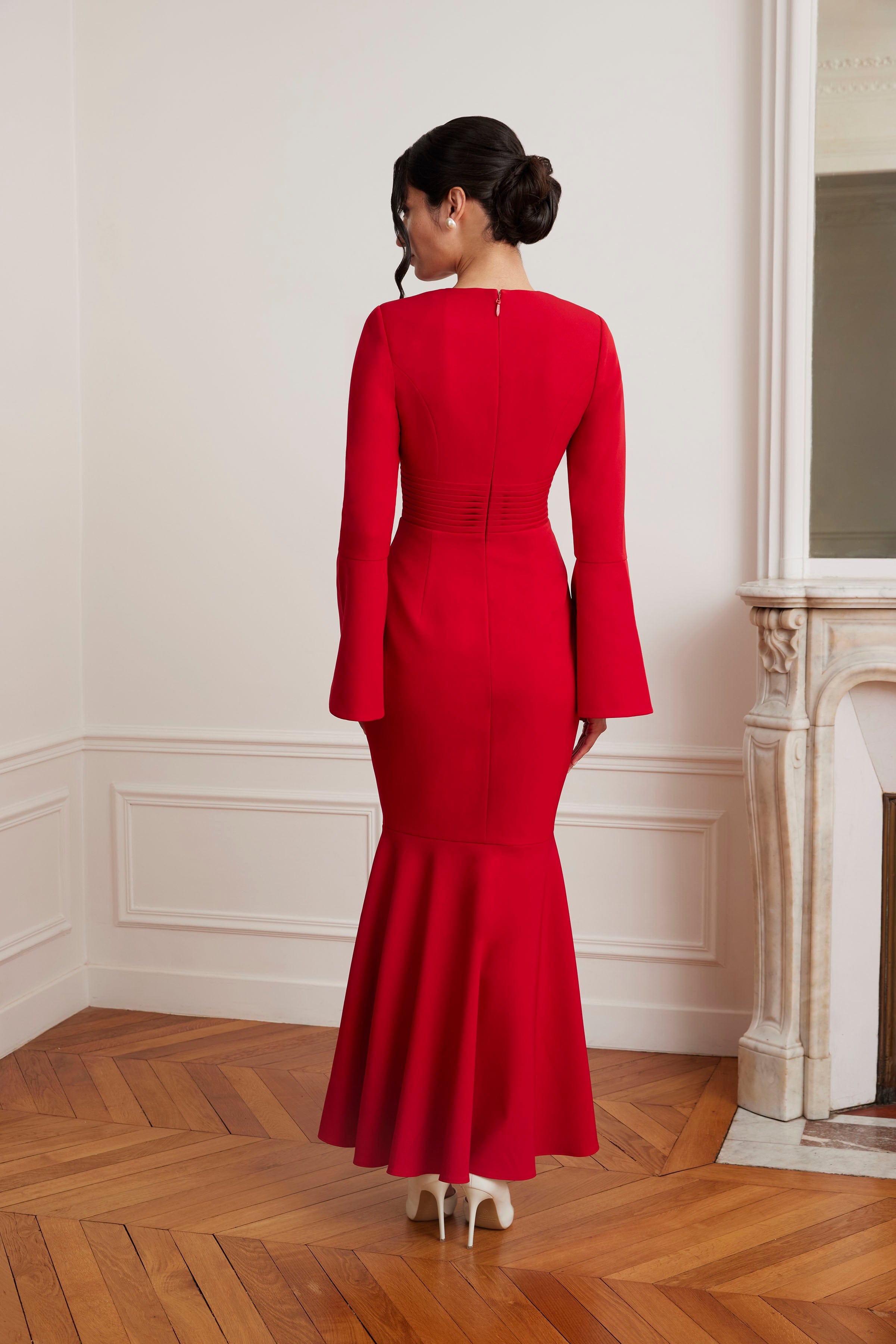 JOSIE Fluted Sleeve Fishtail Maxi Dress in Red