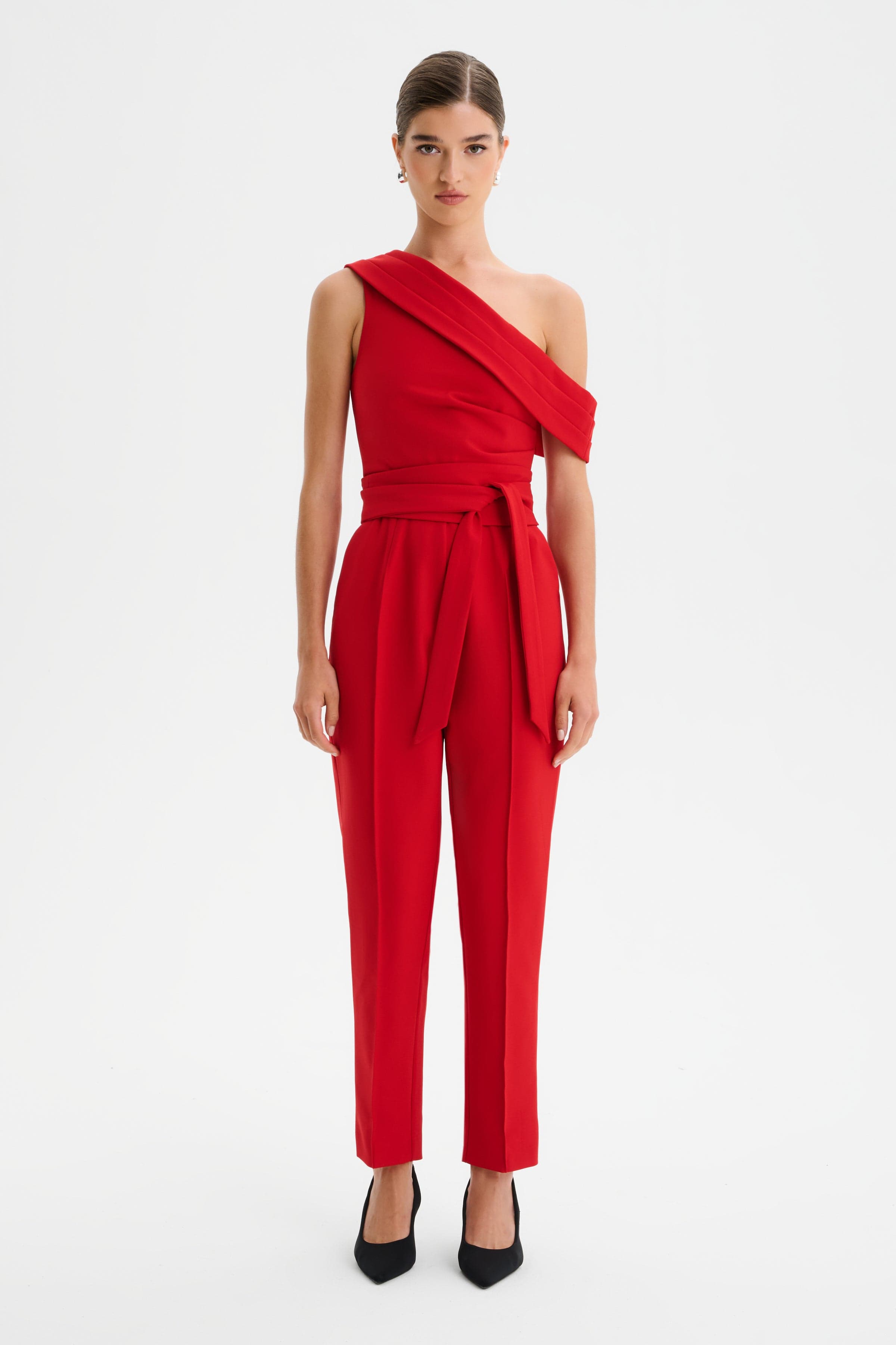 SOFIE Off Shoulder Pleated Obi Belted Jumpsuit in Red