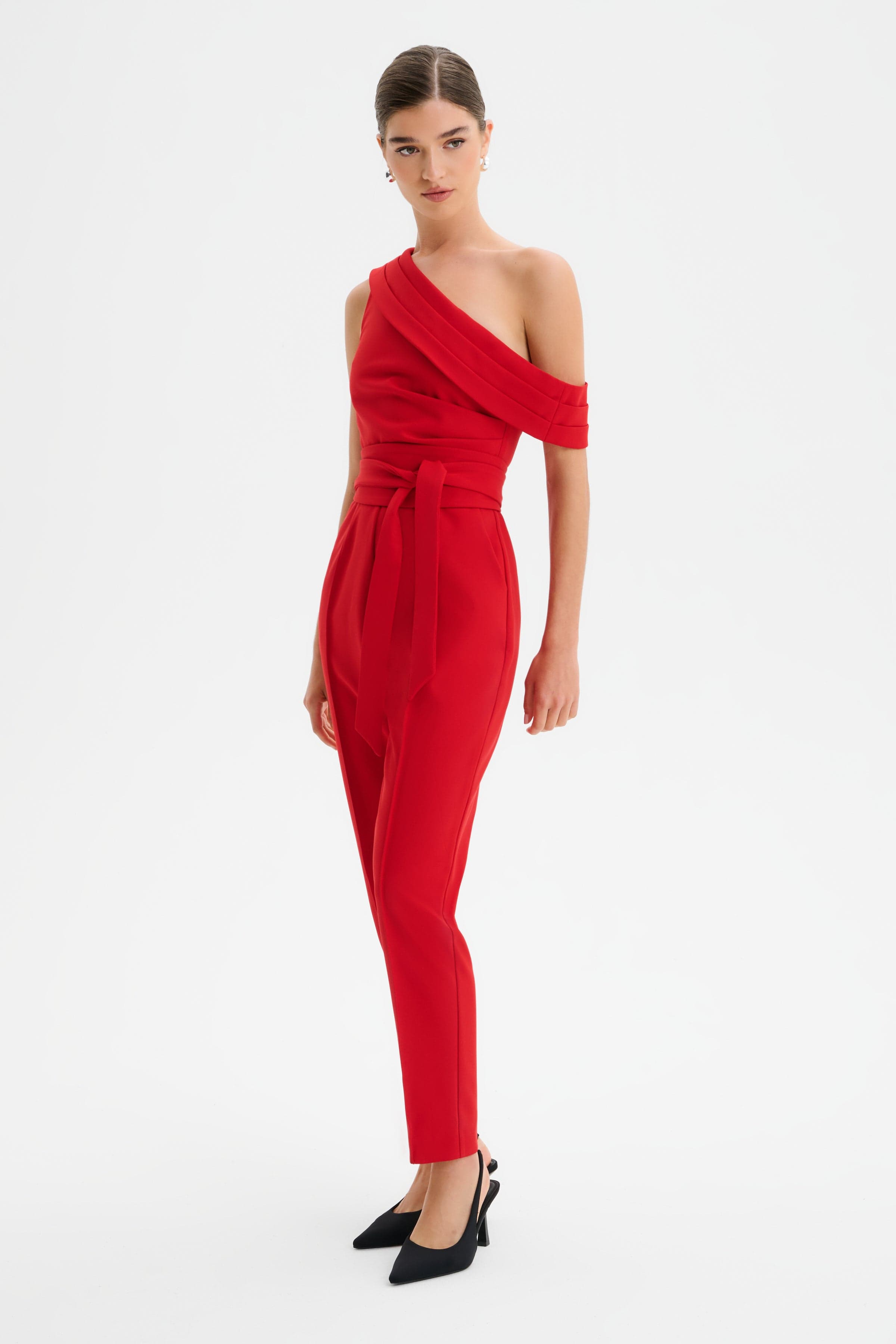 SOFIE Off Shoulder Pleated Obi Belted Jumpsuit in Red