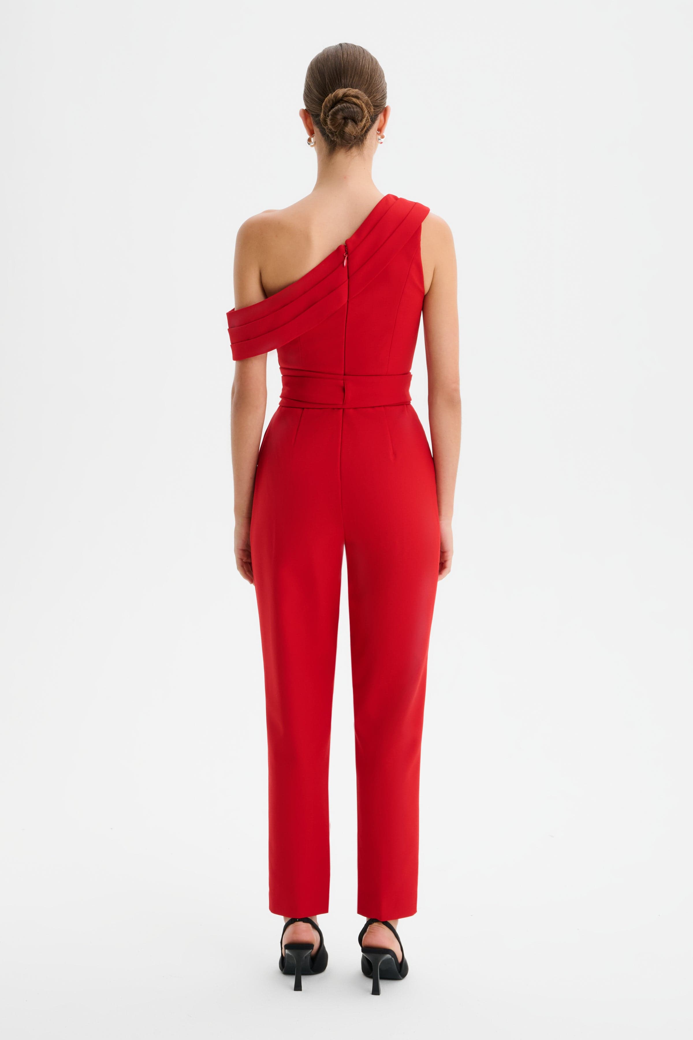 SOFIE Off Shoulder Pleated Obi Belted Jumpsuit in Red
