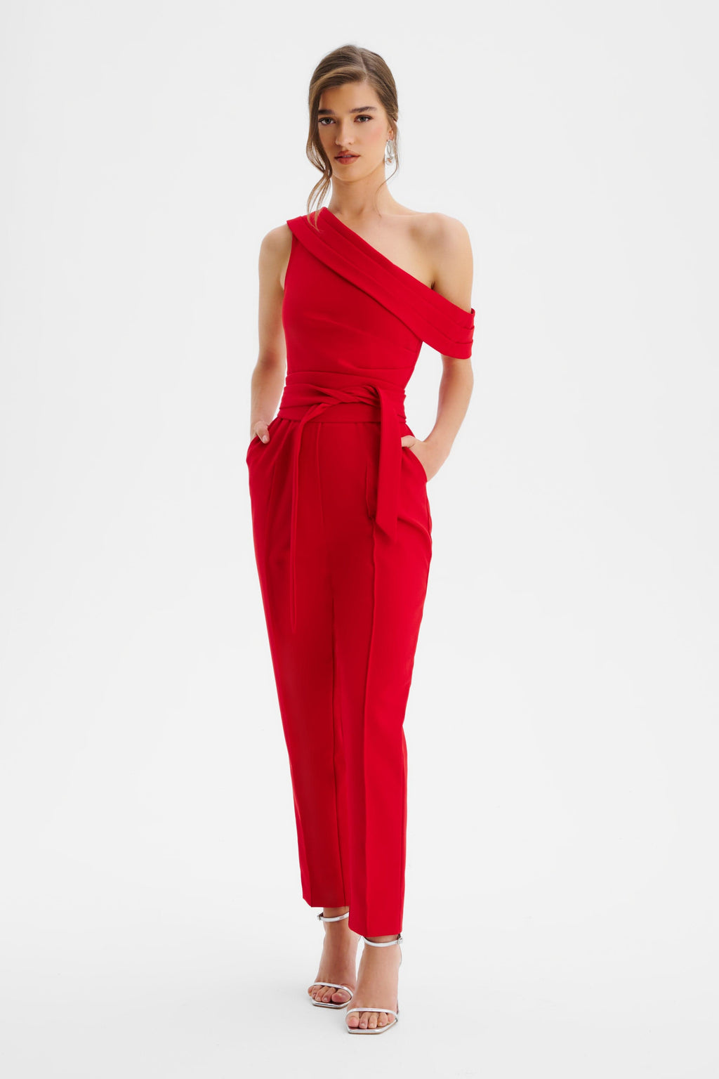 SOFIE Off Shoulder Pleated Obi Belted Jumpsuit