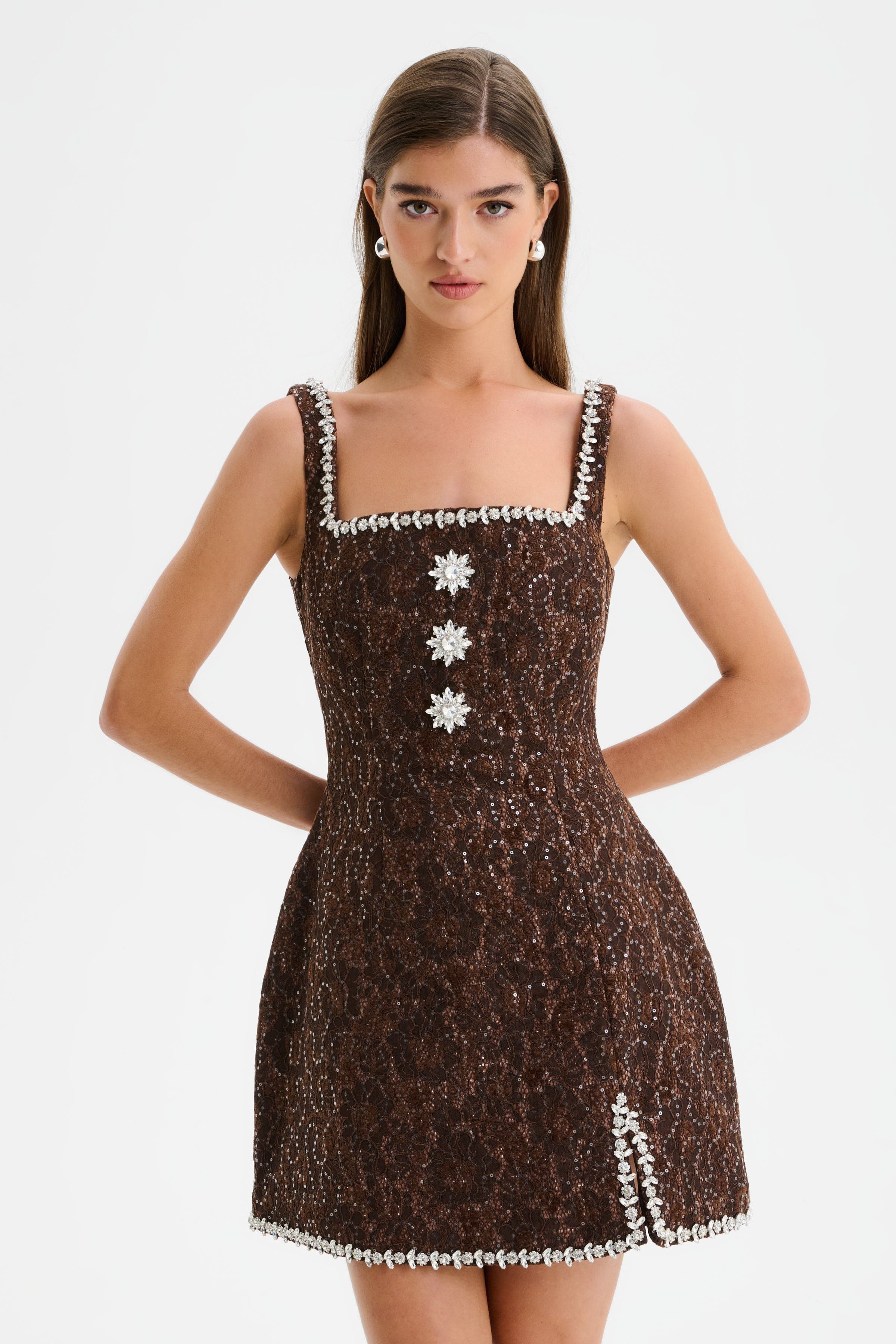 LUCIE Embellished Lace Boucle Tulip Mini Dress in Chocolate