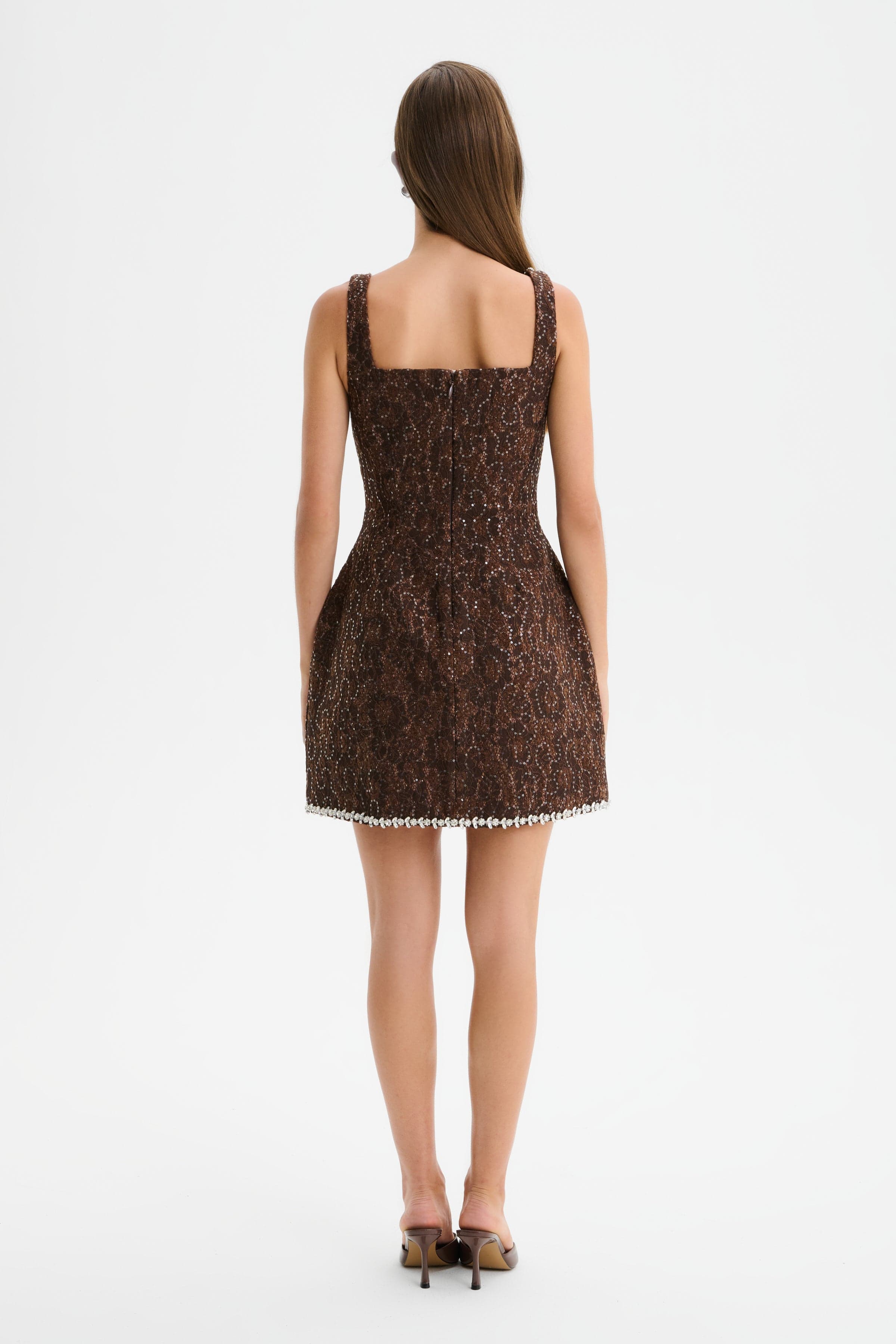 LUCIE Embellished Lace Boucle Tulip Mini Dress in Chocolate