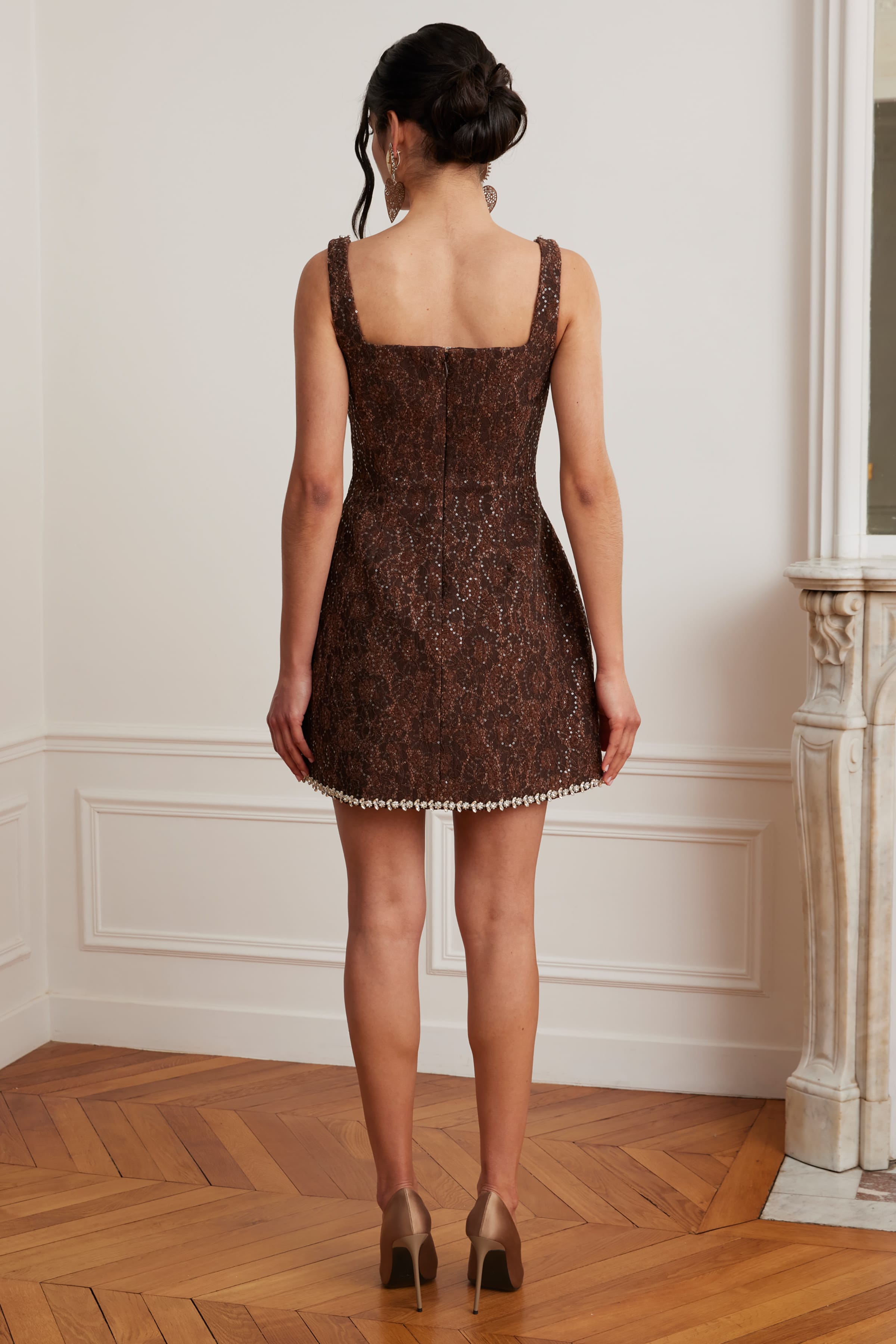 ZOEY Embellished Lace Boucle Tulip Mini Dress in Chocolate