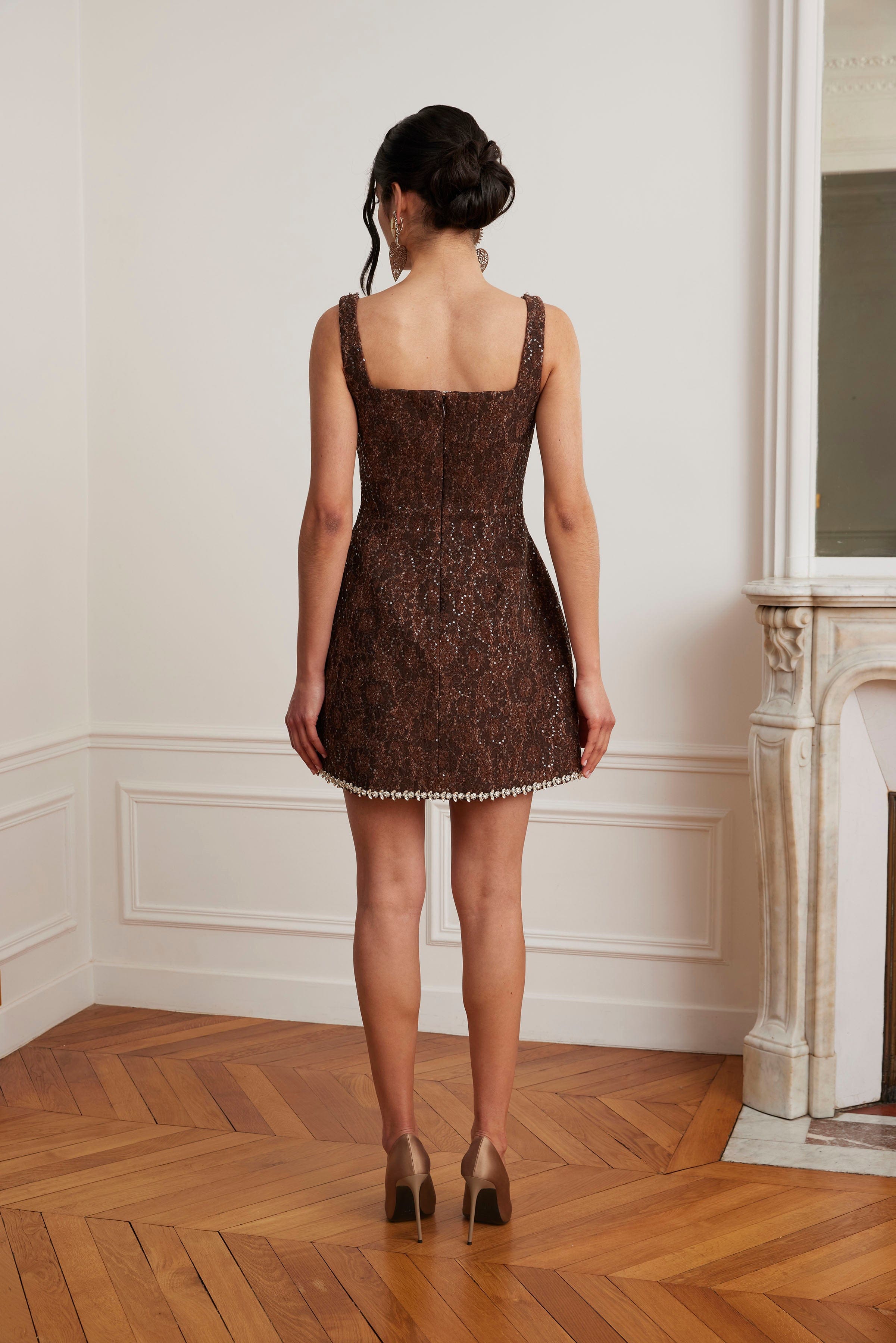 ZOEY Embellished Lace Boucle Tulip Mini Dress in Chocolate