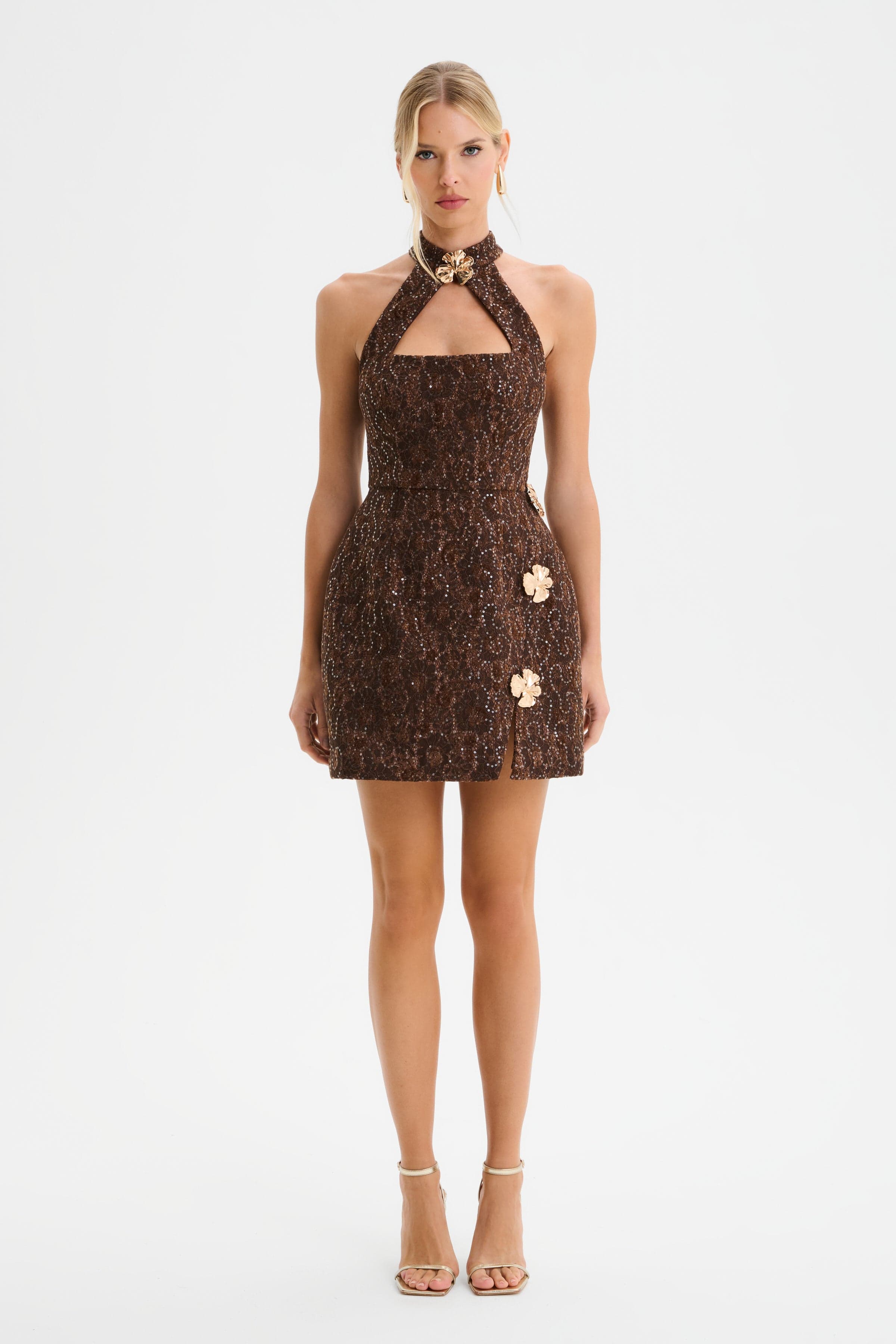 DARCIE Lace Boucle High Neck Tulip Mini Dress in Chocolate