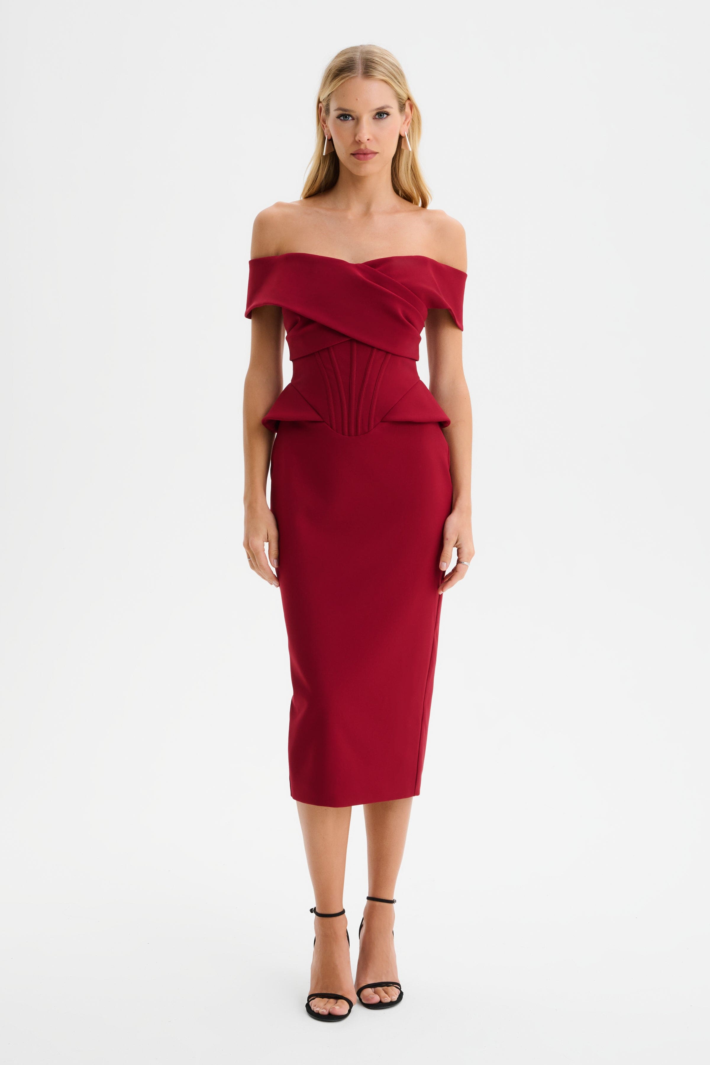 BETHANY Off Shoulder Midi Dress with Corsetry Detail in Burgundy
