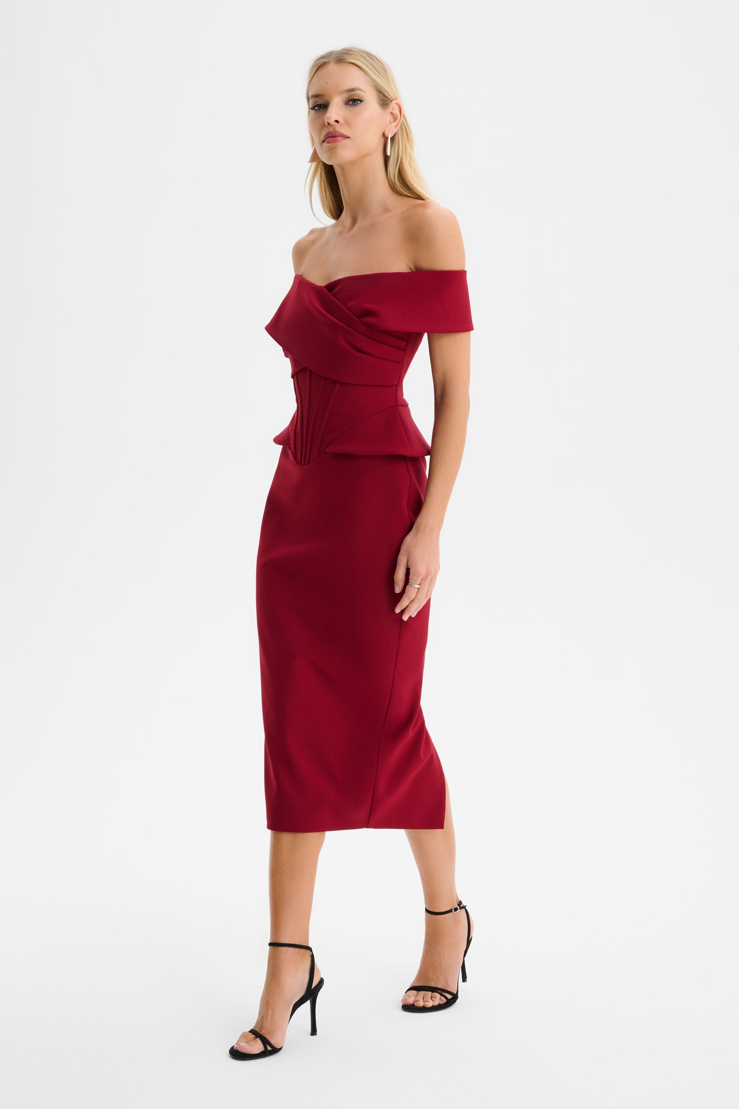 BETHANY Off Shoulder Midi Dress with Corsetry Detail in Burgundy