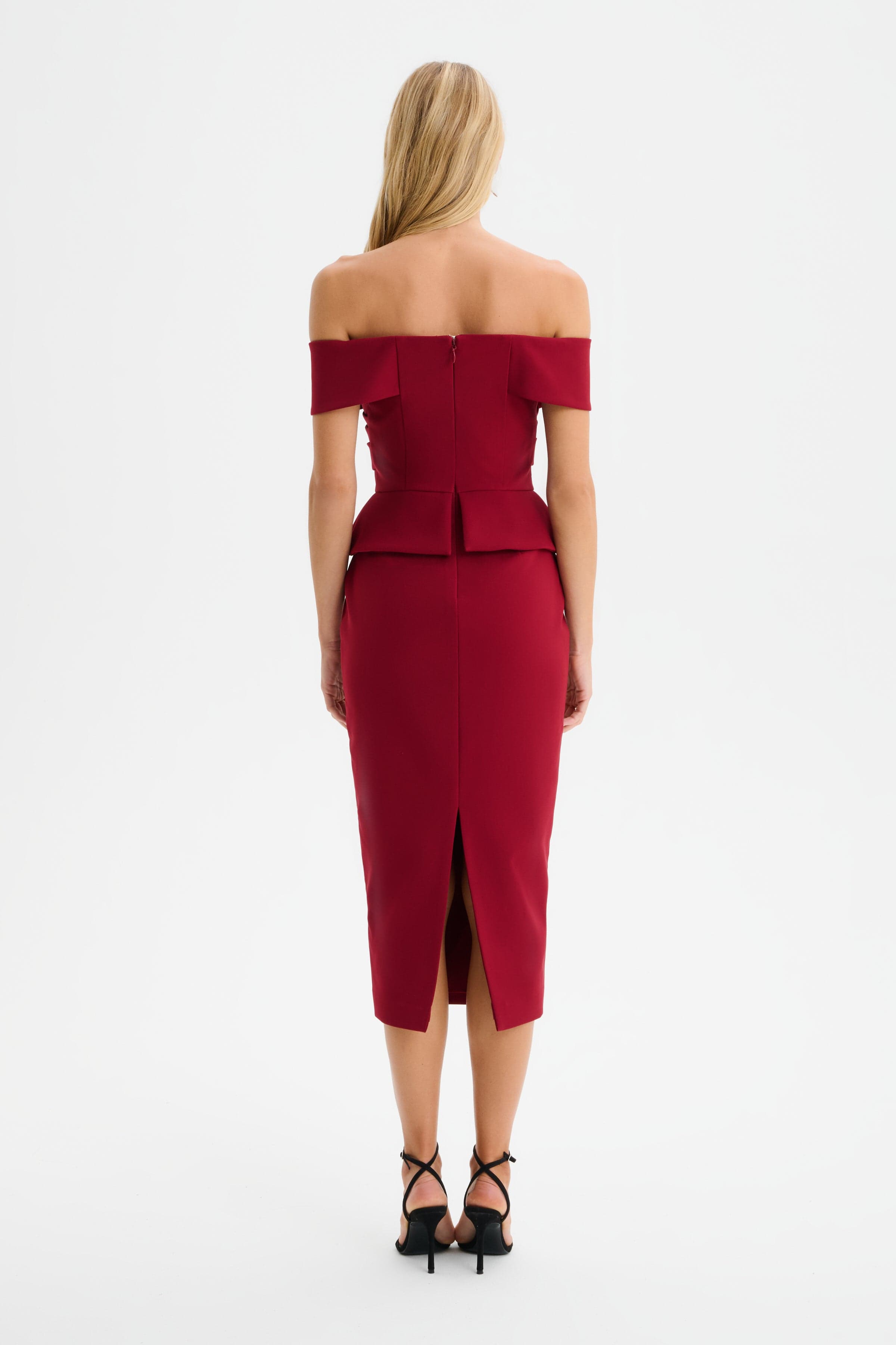 BETHANY Off Shoulder Midi Dress with Corsetry Detail in Burgundy