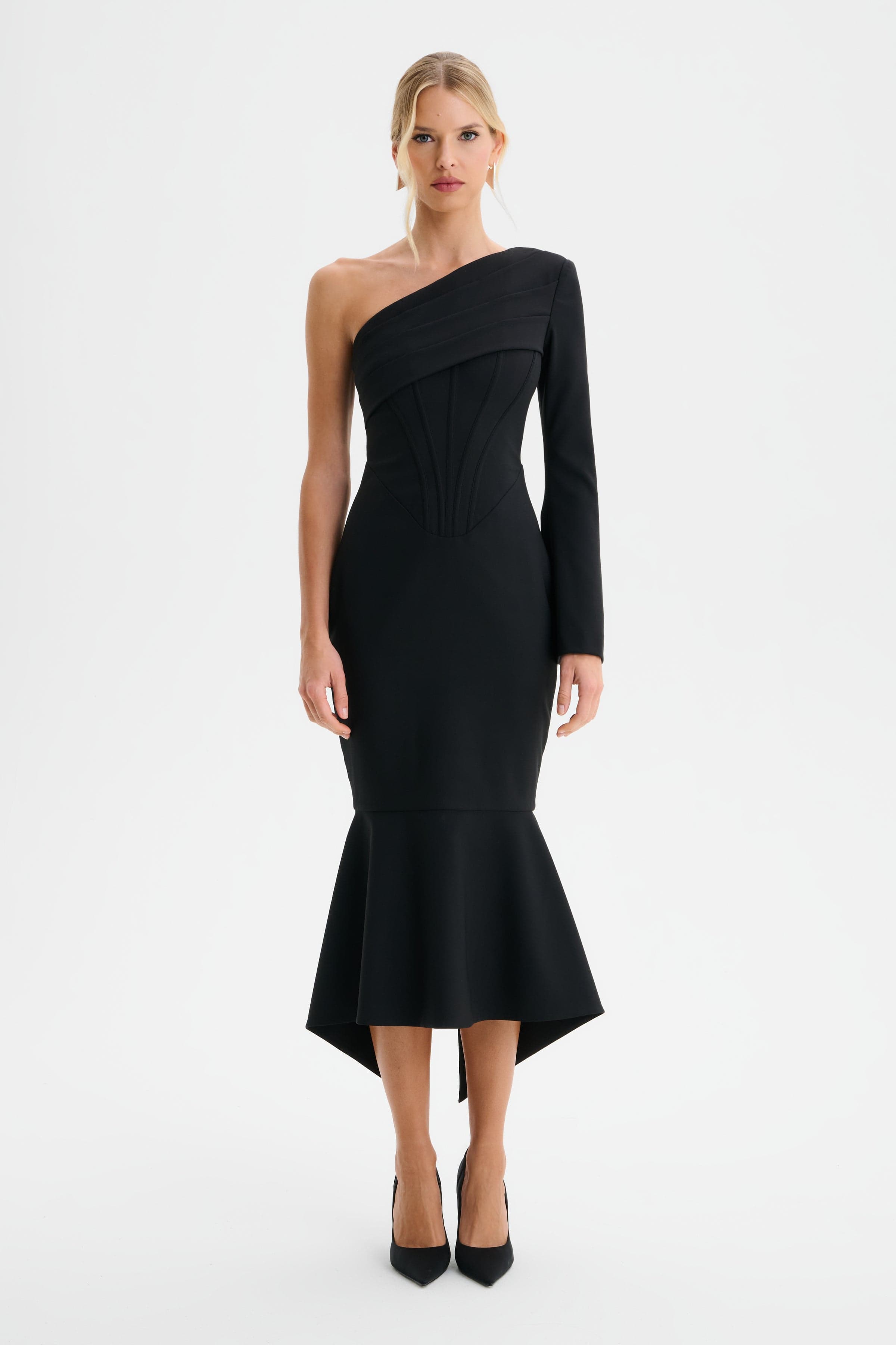 ARIANNA One Shoulder Corset Detail Fishtail Midi Dress in Black