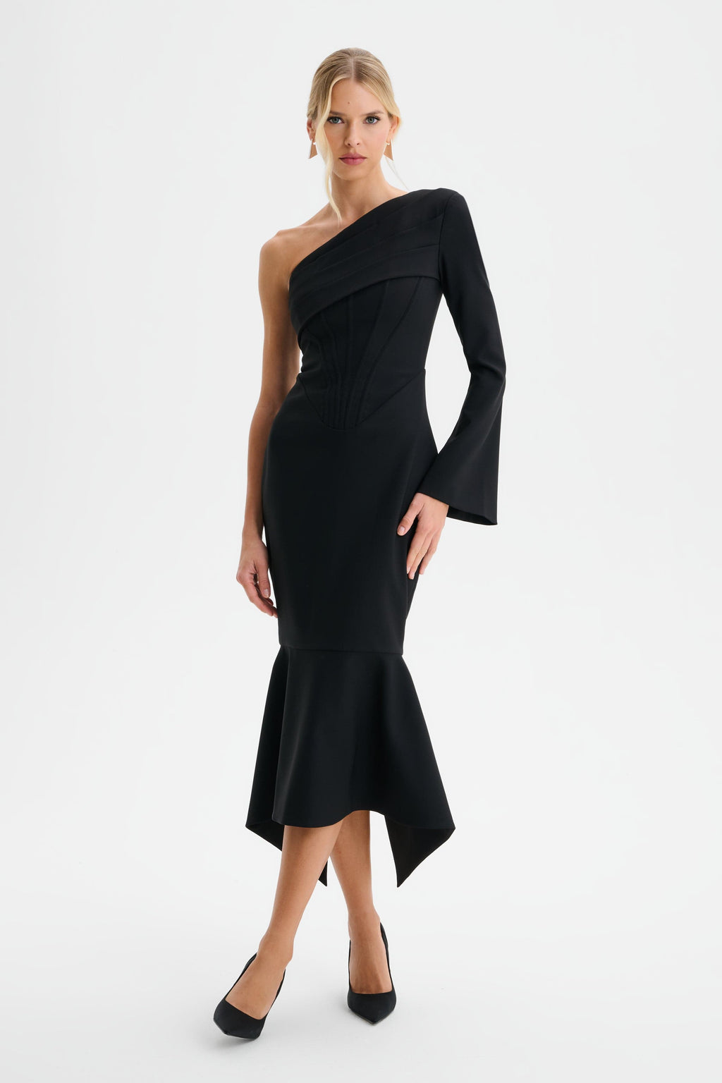 ARIANNA One Shoulder Corset Detail Fishtail Midi Dress