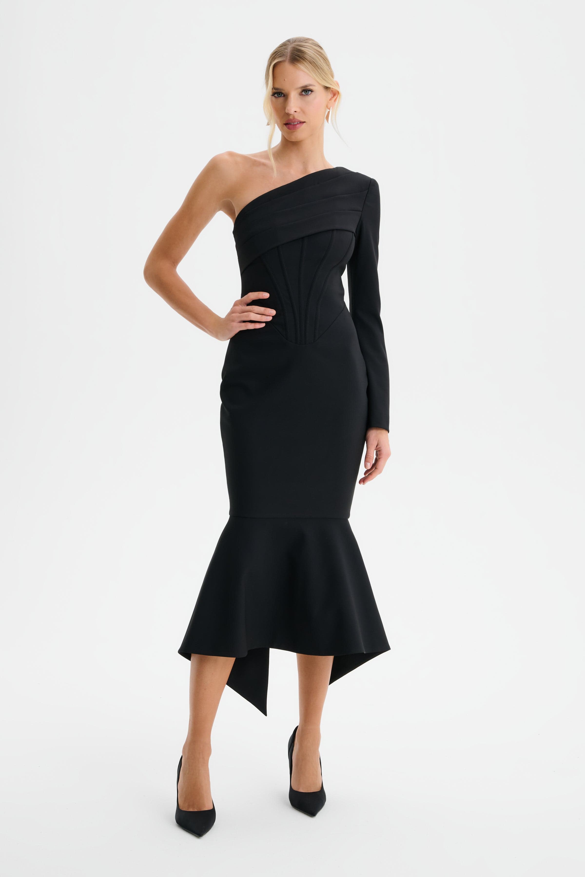 ARIANNA One Shoulder Corset Detail Fishtail Midi Dress in Black