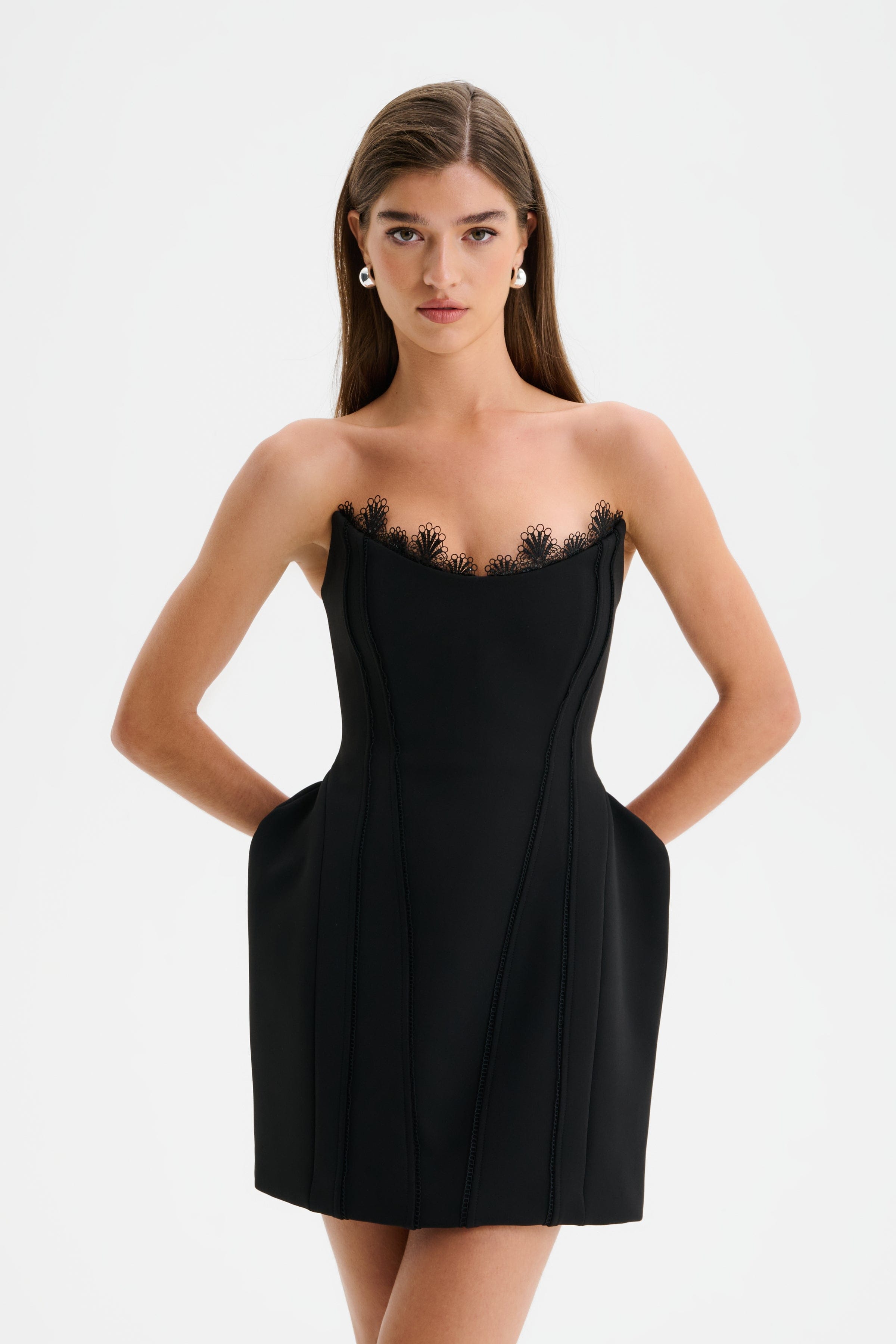 ANASTASIA Structured Mini Dress with Lace Corset in Black