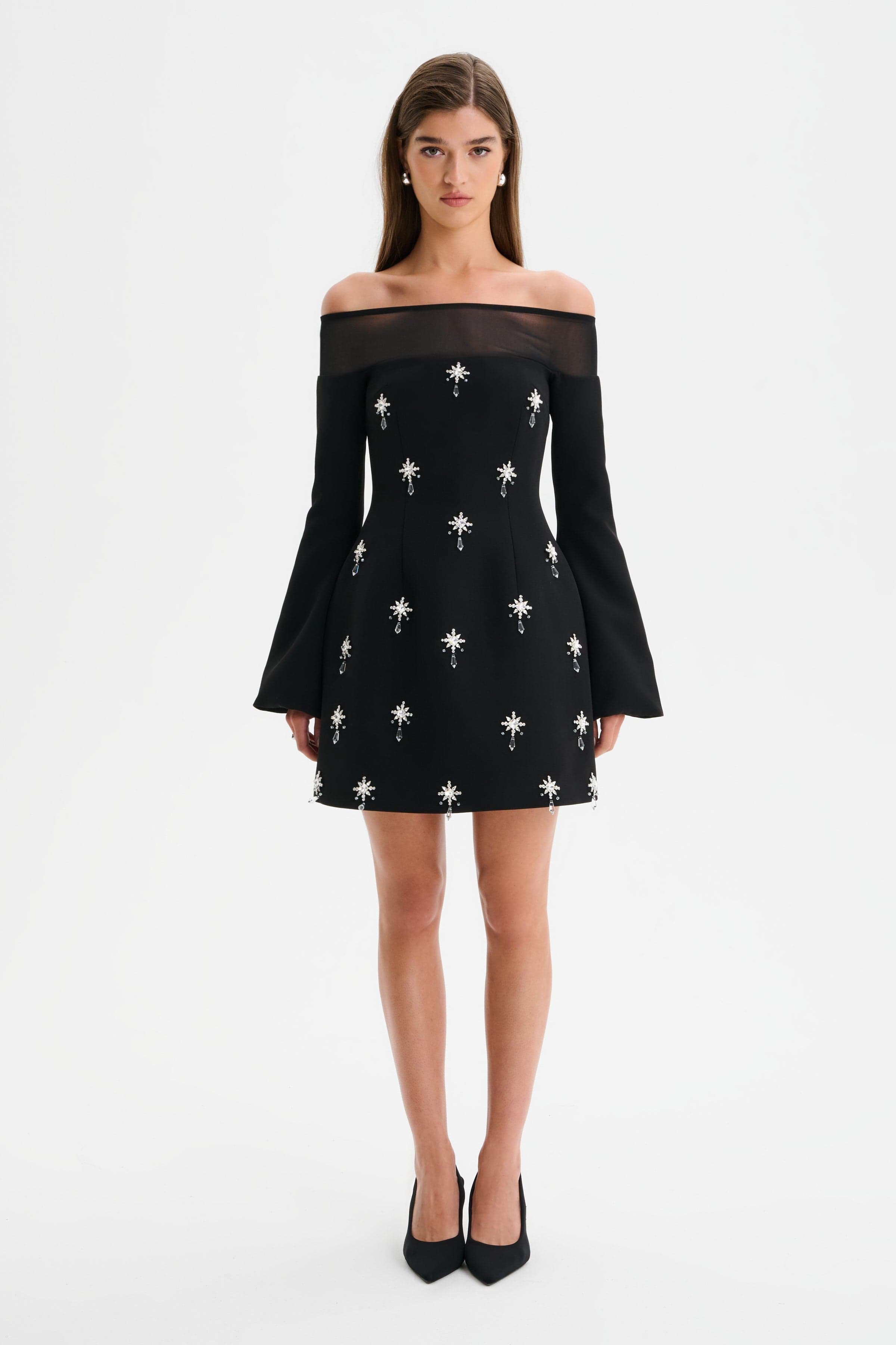 YASMIN Off Shoulder Embellished Tulip Dress with Sheer Detail in Black
