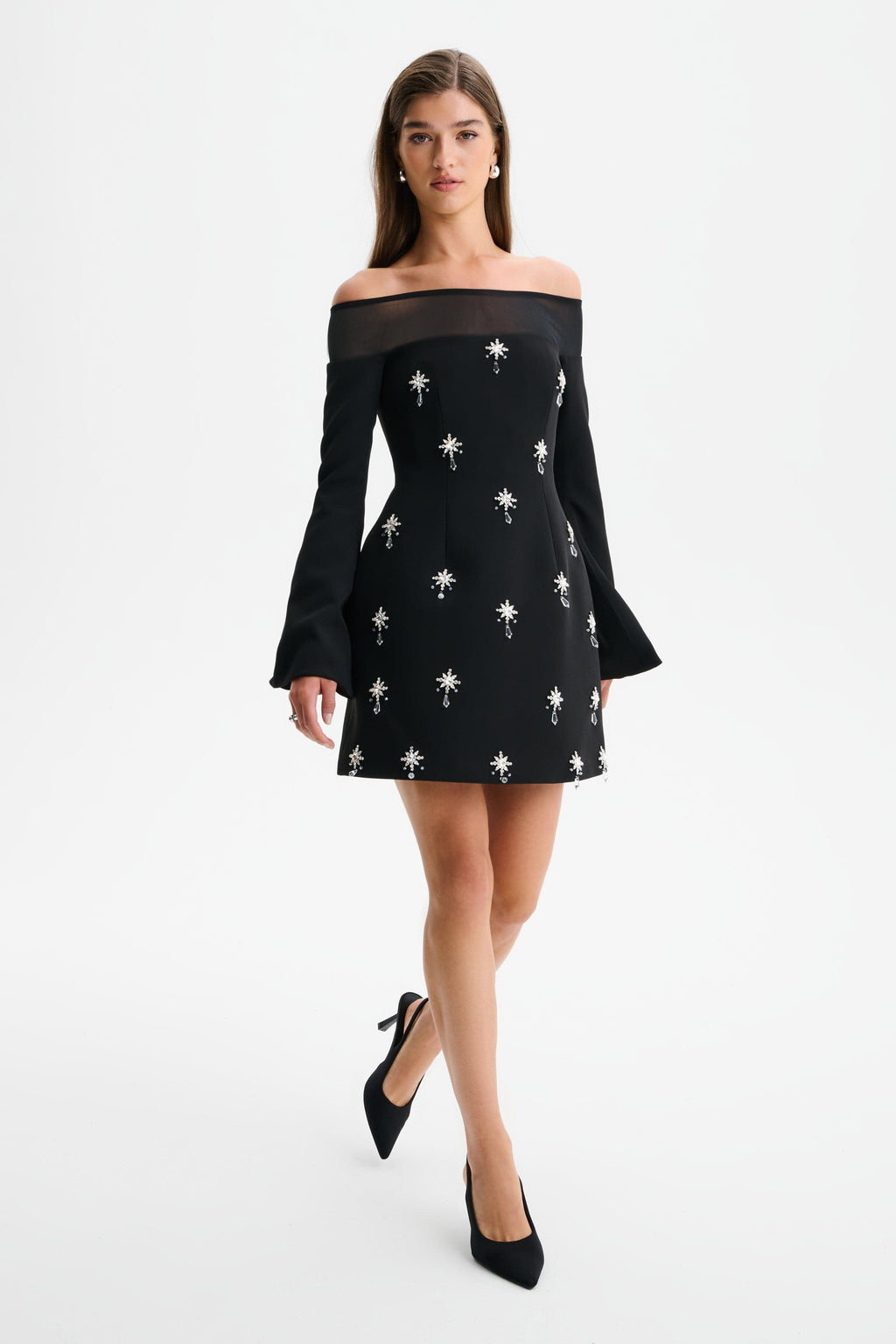 YASMIN Off Shoulder Embellished Tulip Dress Sheer Detail