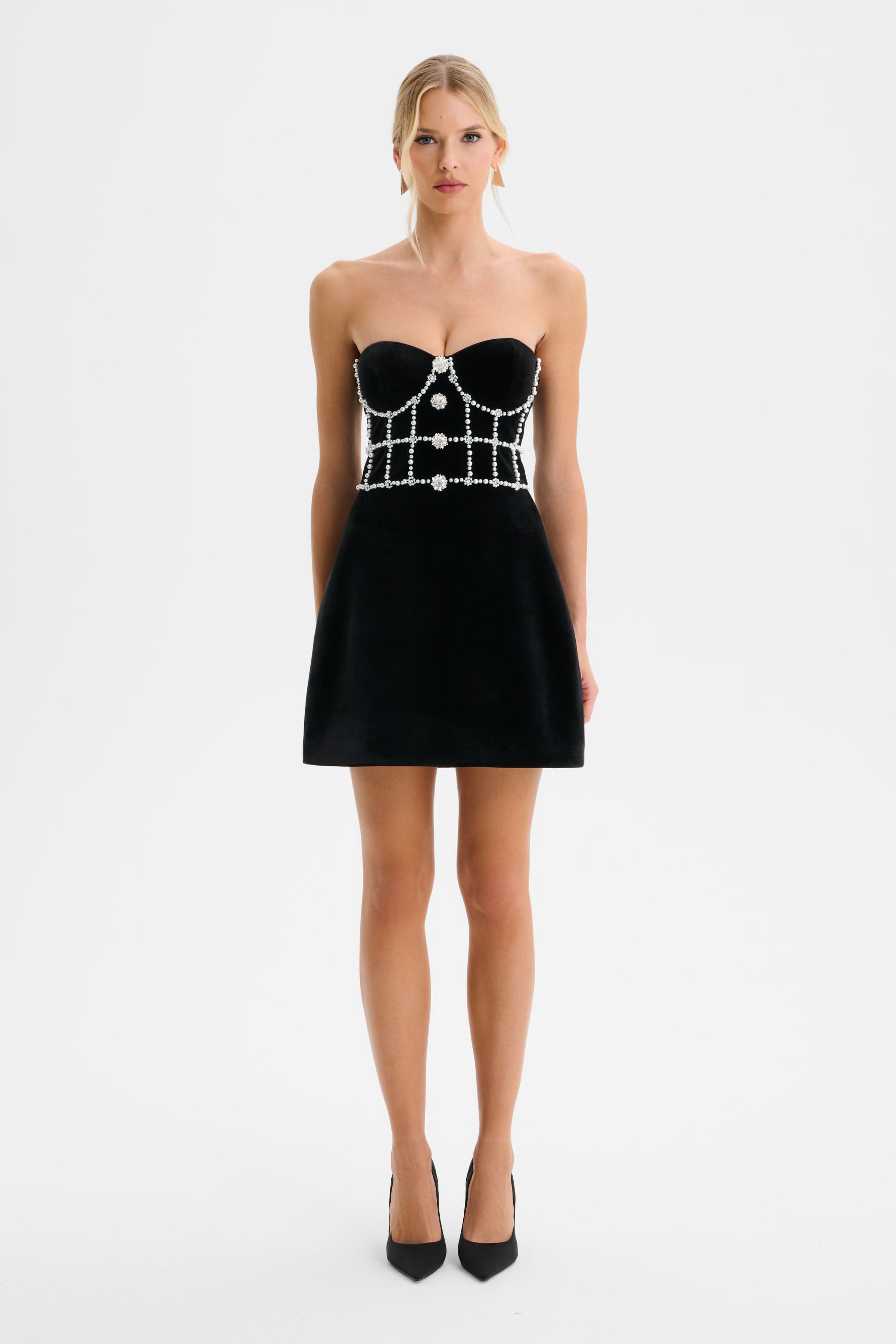 MASIE Pearl Embellished Velvet Tulip Dress with Lace Trim in Black