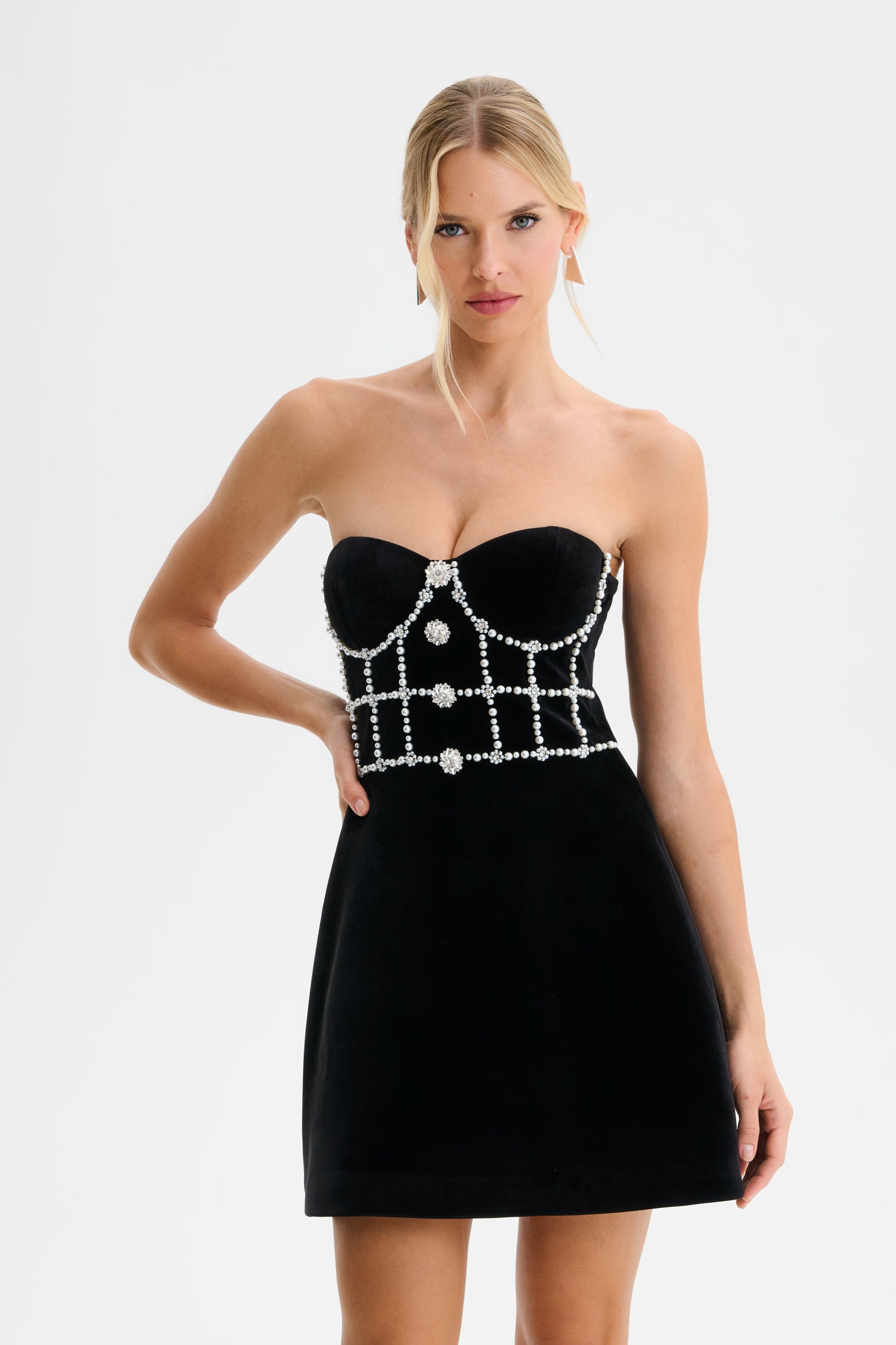 MASIE Pearl Embellished Velvet Tulip Dress with Lace Trim in Black