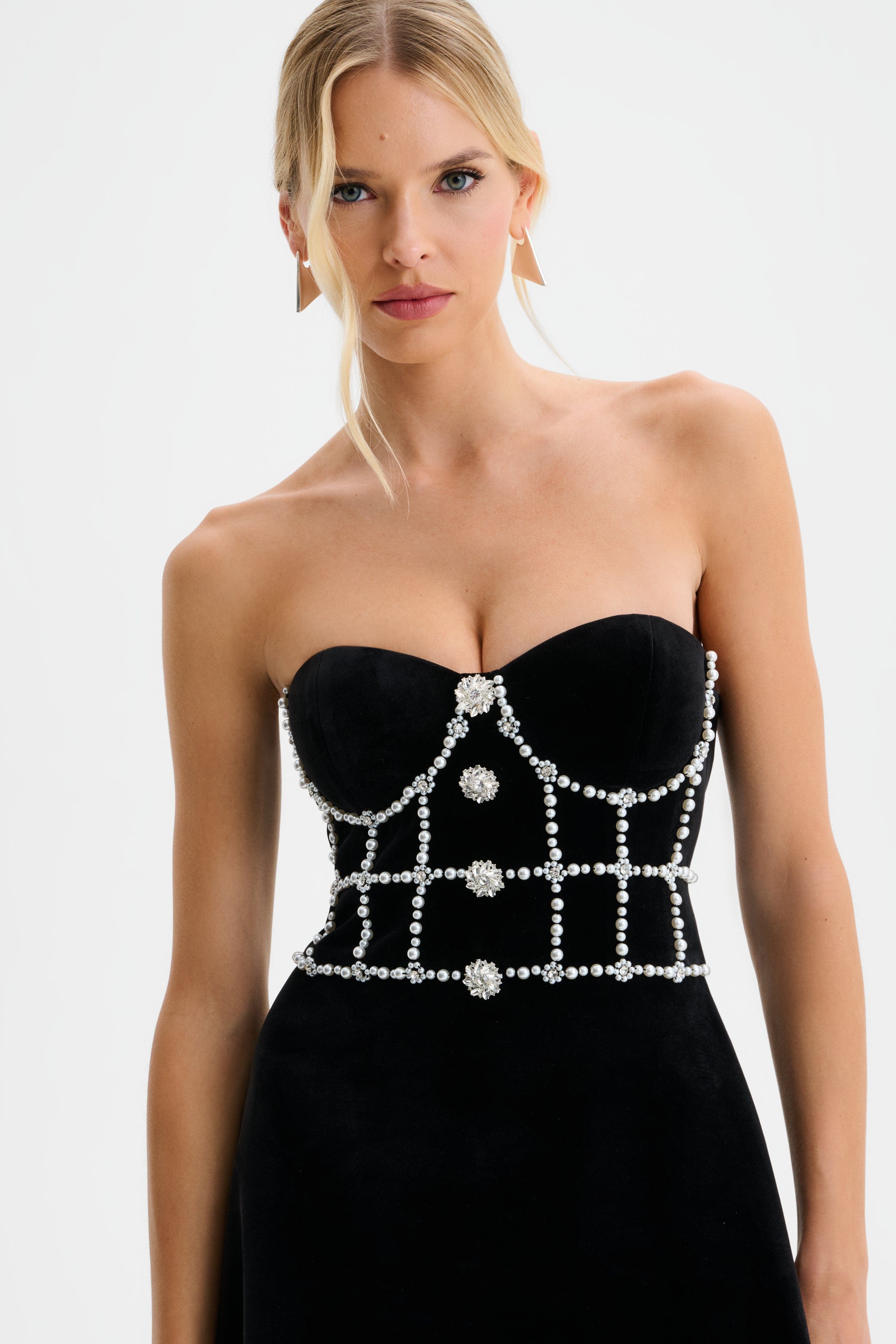 MASIE Pearl Embellished Velvet Tulip Dress with Lace Trim in Black
