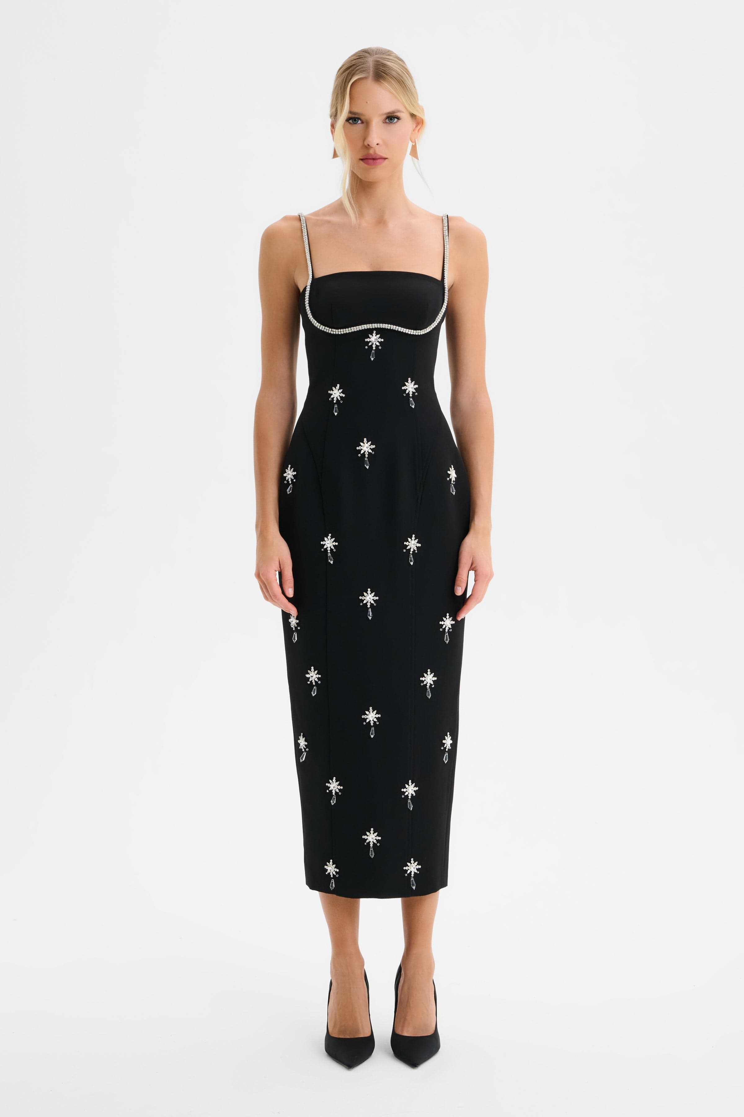 DAISY Hand Embellished Contour Tailored Midi Dress in Black