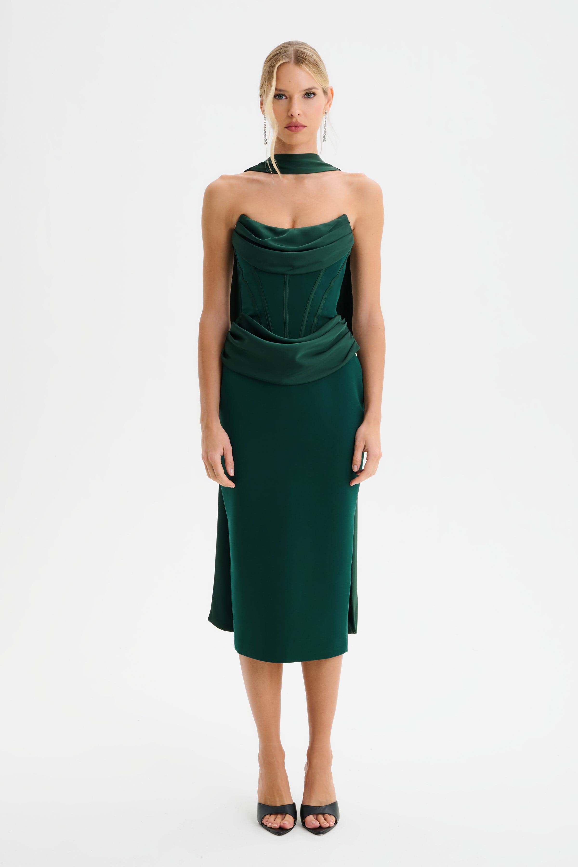 ZENDEYA Satin Draped Corset Midi Dress with Neck Scarf in Emerald Green